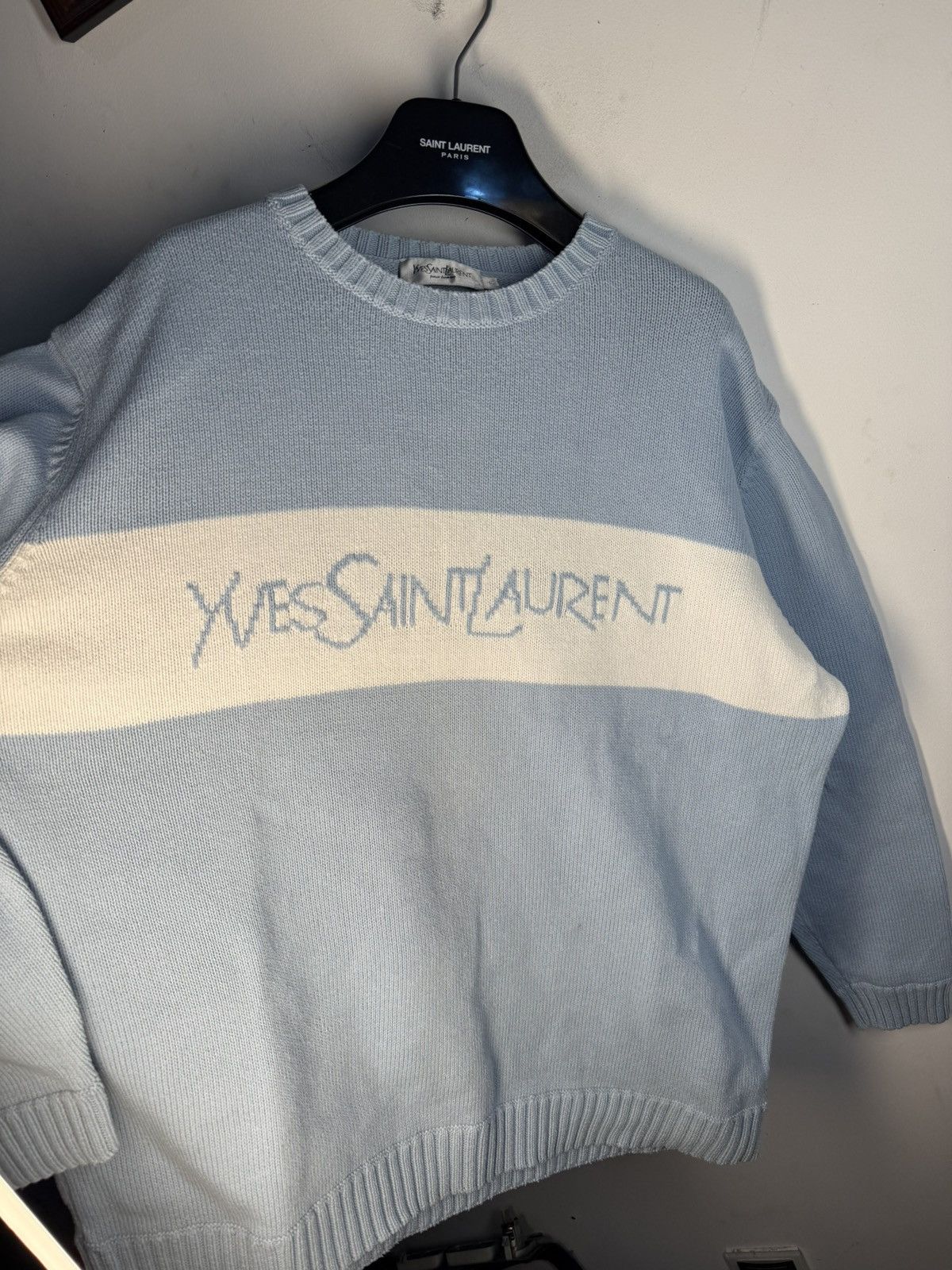 Yves Saint Laurent Blue YSL Sweater Knit Big Logo Vintage Paris Sweatshirt Rare Size US L / EU 52-54 / 3 - 15 Thumbnail
