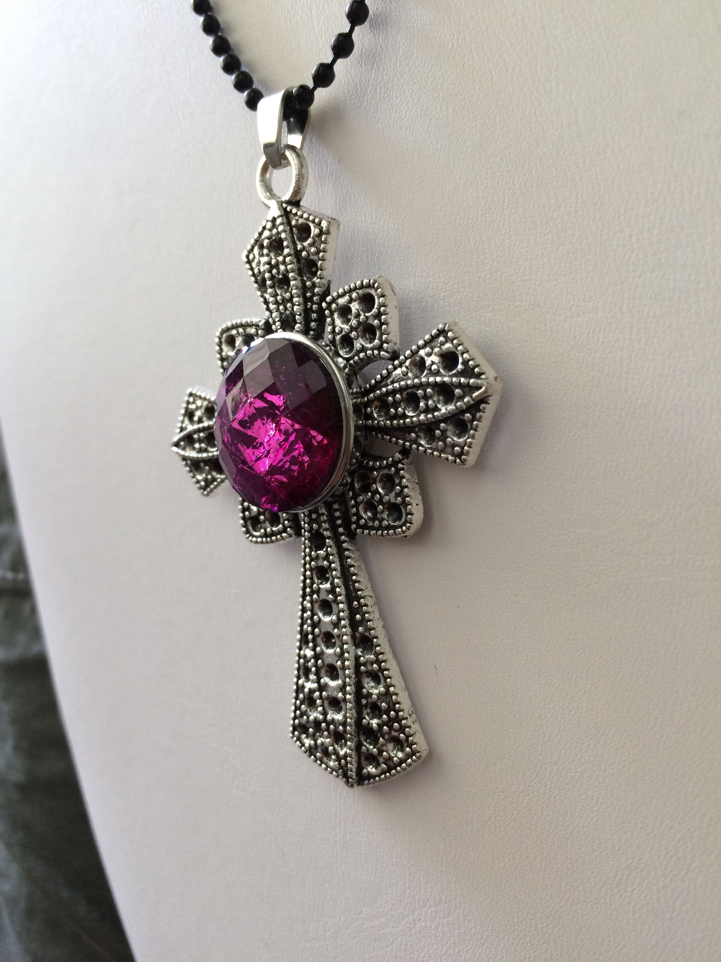 Jewelry Cross Chunk Button Tibetan silver Pendant Necklace - Purple Size ONE SIZE - 2 Thumbnail