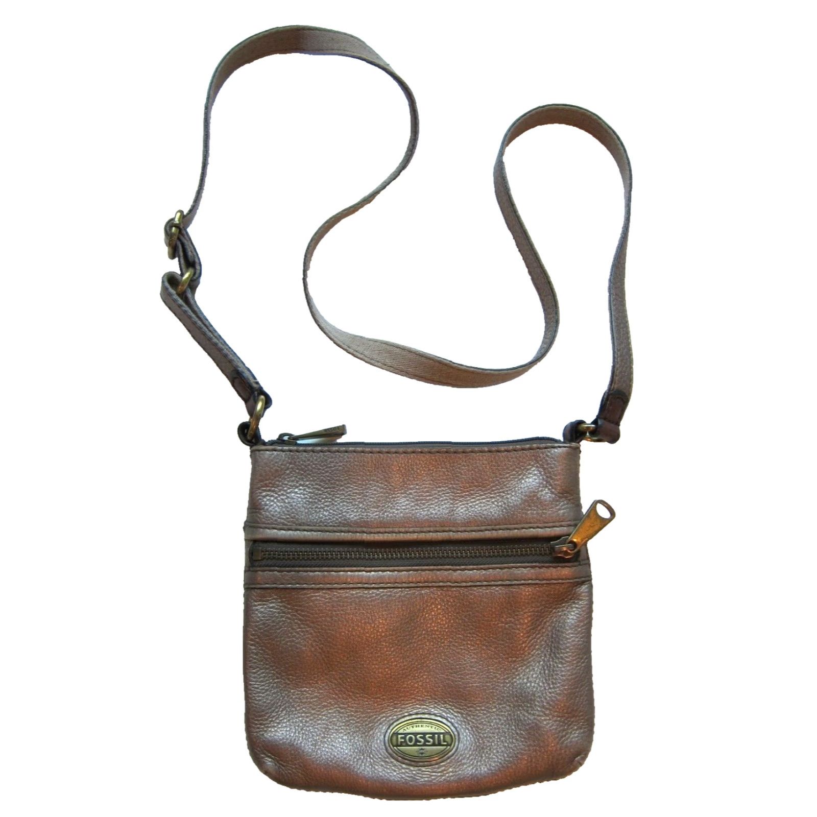 Fossil Fossil Gold Bronze 100% Leather Crossbody Satchel Purse Bag Small Zipper Pocket Handbag Size ONE SIZE - 5 Thumbnail