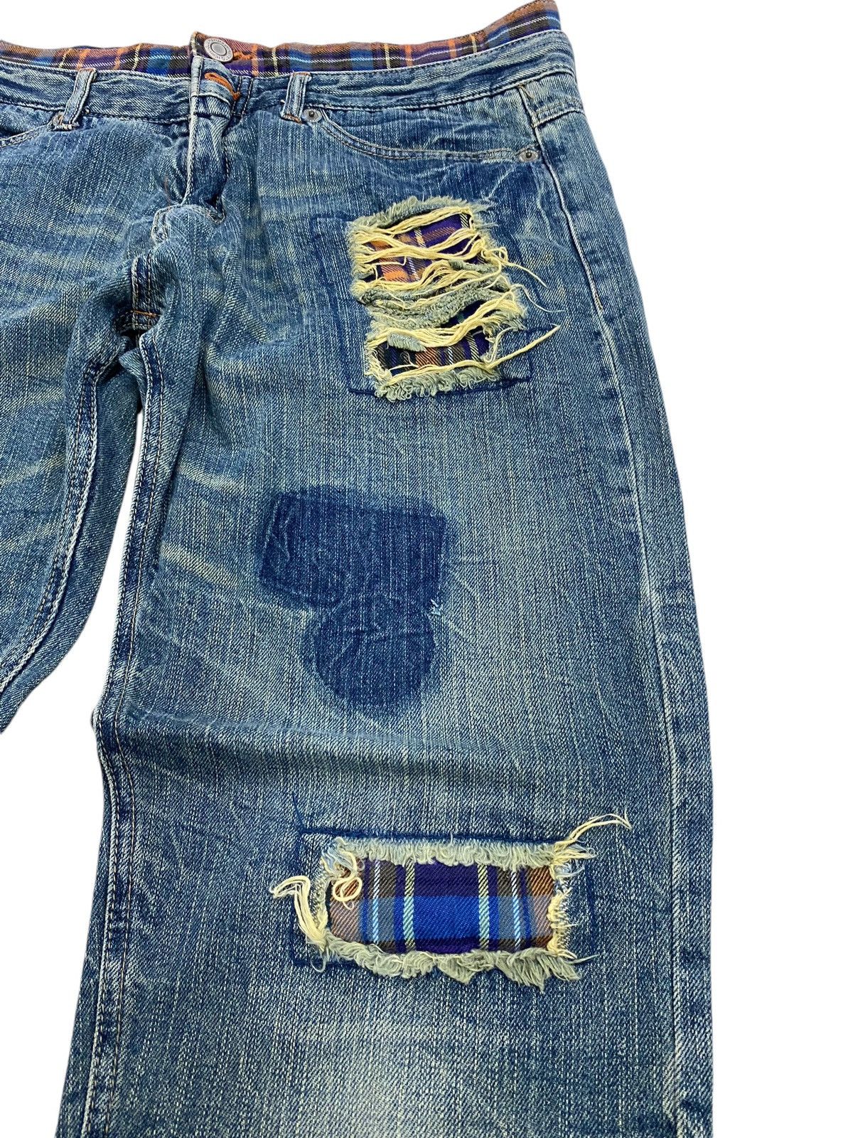 If Six Was Nine × Japanese Brand × Le Grande Bleu (L.G.B.) Grand Honor Denim Patchwork Tartan Distressed Double Waist Size US 31 - 7 Thumbnail