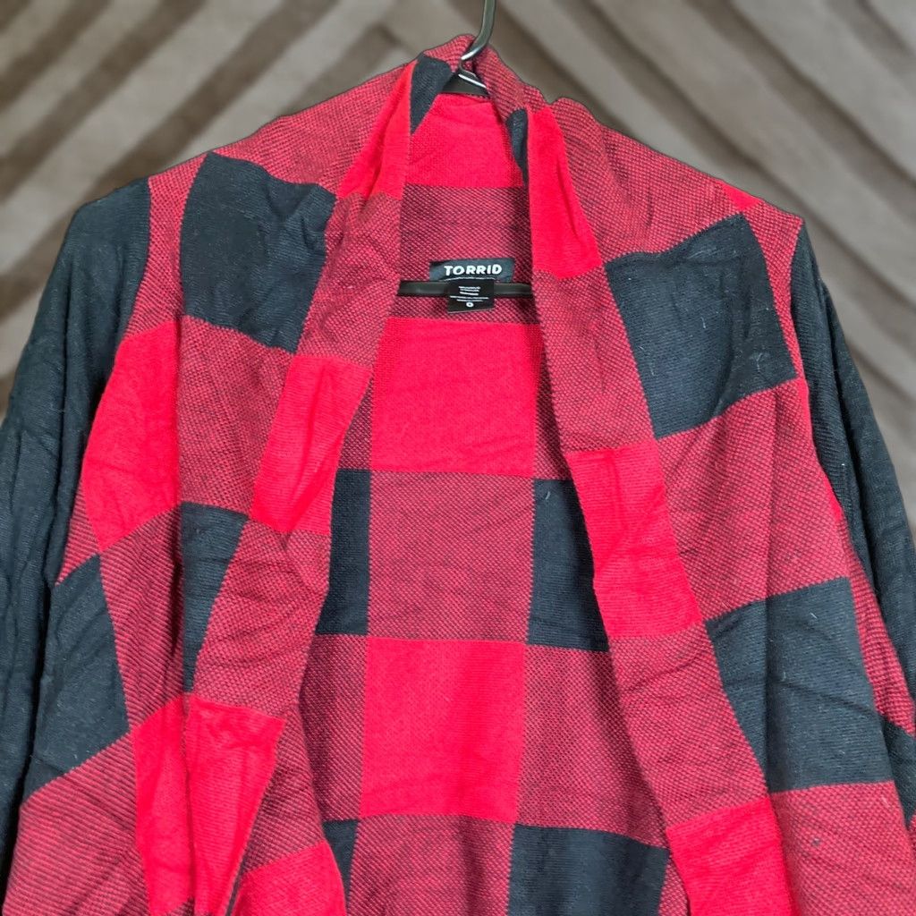 Prana Torrid Womens Sweater Red Black Plaid Open Waterfall Front Cardigan 0 Size XS / US 0-2 / IT 36-38 - 1 Thumbnail