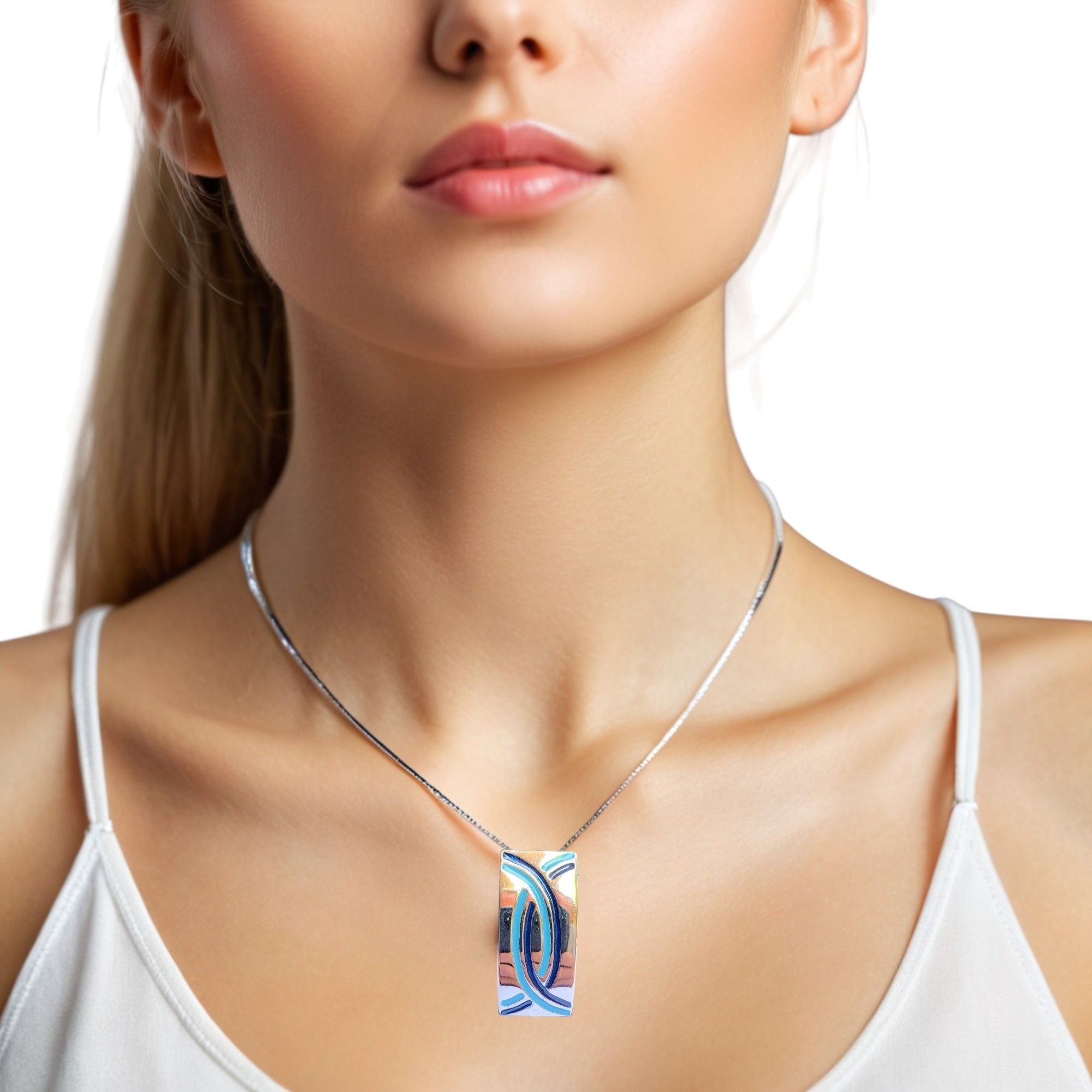 Designer Silver-Tone Abstract Pendant With Blue Enamel Design Size ONE SIZE - 2 Thumbnail