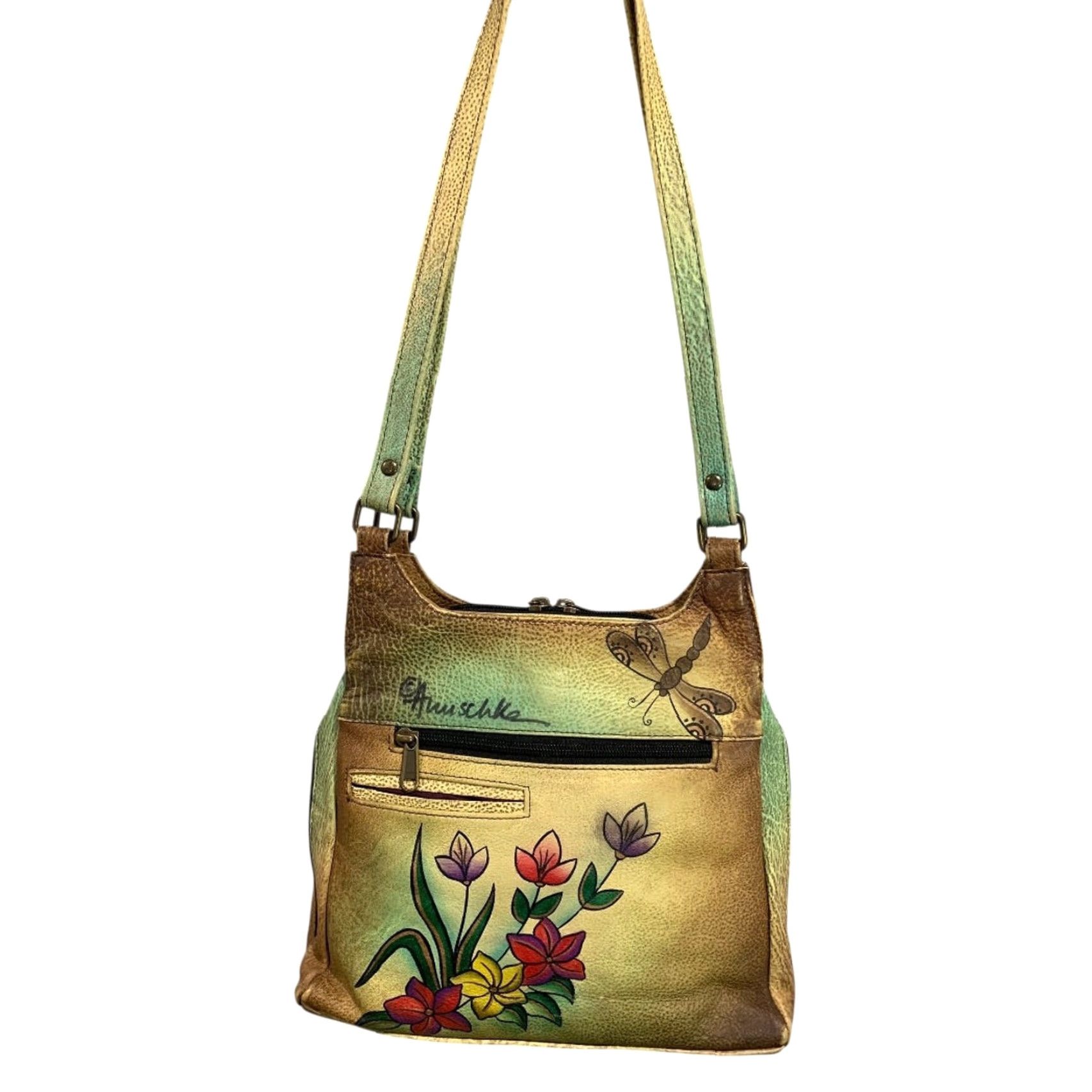 Vintage VINTAGE Anuschka Flower Leather 3 Compartment Shoulder Bag Hand-Painted USA Women Leather Shoulder Bag 9"h 10.5"l 3.25"d Green Size ONE SIZE - 5 Thumbnail