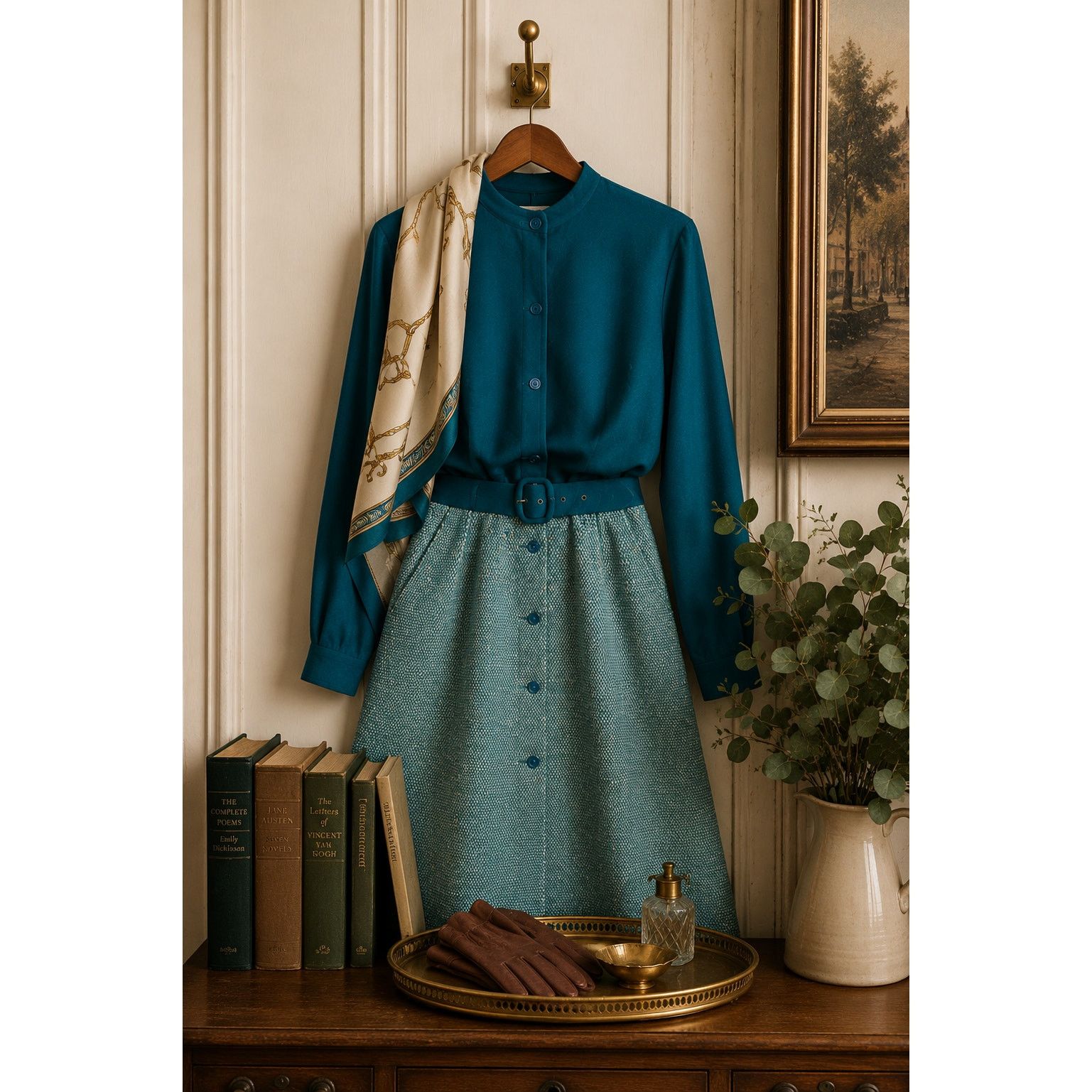 Vintage Vintage 70s/80s Teal Wool Blend Tweed Button Up Dress size S Size S / US 4 / IT 40 - 8 Thumbnail