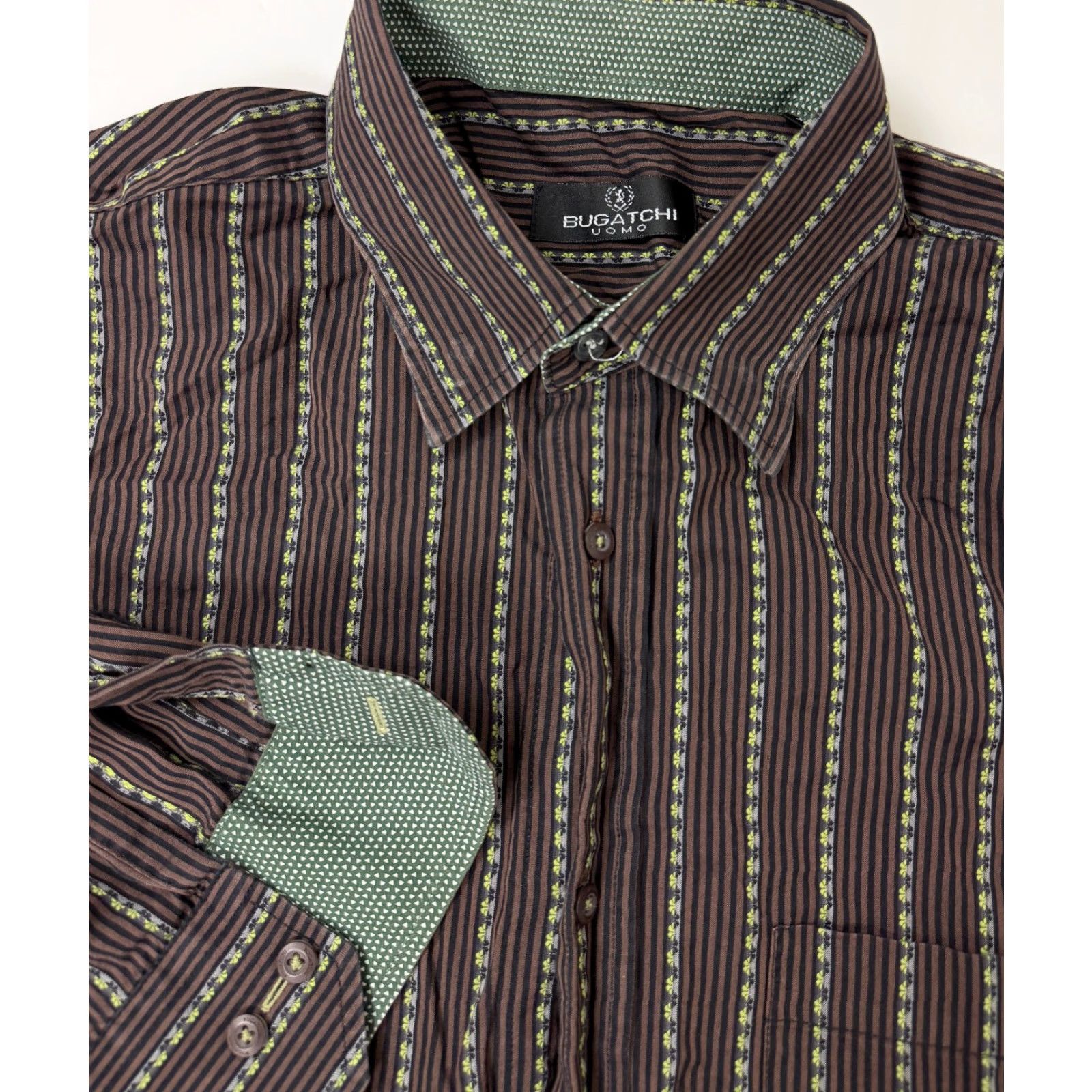 BUGATCHI VINTAGE Bugatchi Uomo Shirt Men XL Striped Button-Up Brown Black Green Size US XL / EU 56 / 4 - 2 Thumbnail