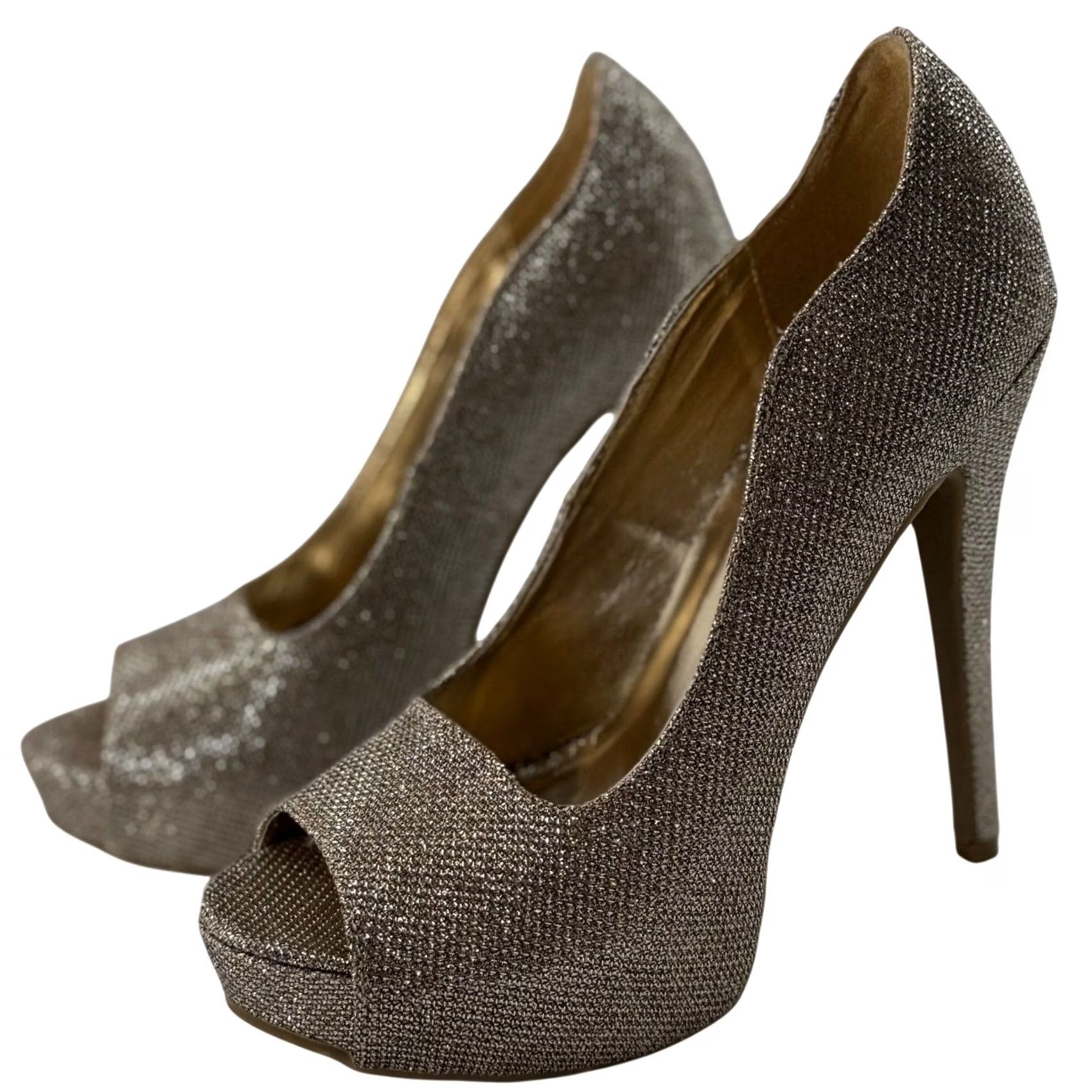 Vintage SHI By Journeys Gold Glitter Peep Toe Platform Pump Stiletto Heel Formal Y2K Prom Wedding Women 6.5 US 6.5 UK 39.5 EU Size US 7 / IT 37 - 2 Thumbnail