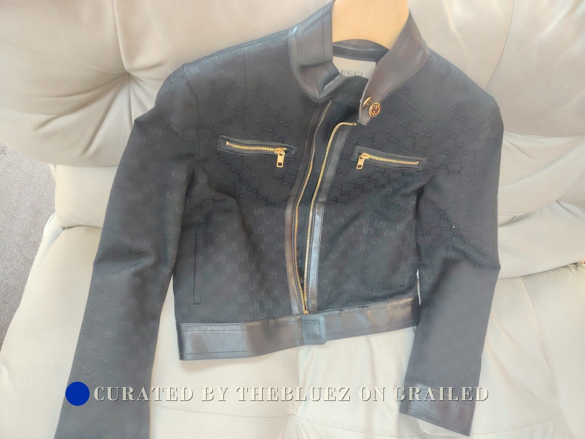 Gucci Black Gg Monogram Leather Jacket, Women's