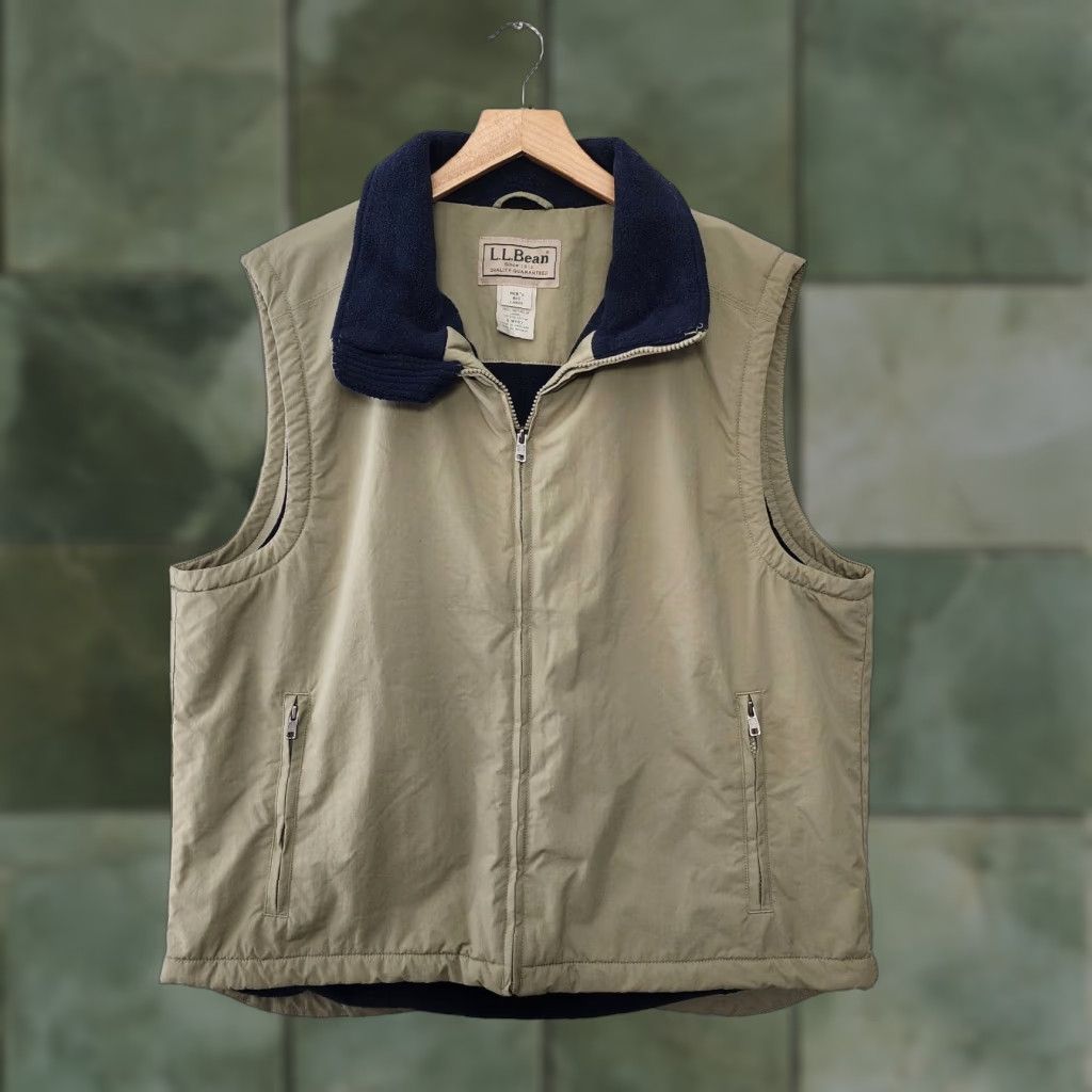 Vintage L.L. Bean Vest Fleece Lined Mens Large Beige Blue Windbreaker Outdoors Nylon Size US L / EU 52-54 / 3 - 1 Thumbnail