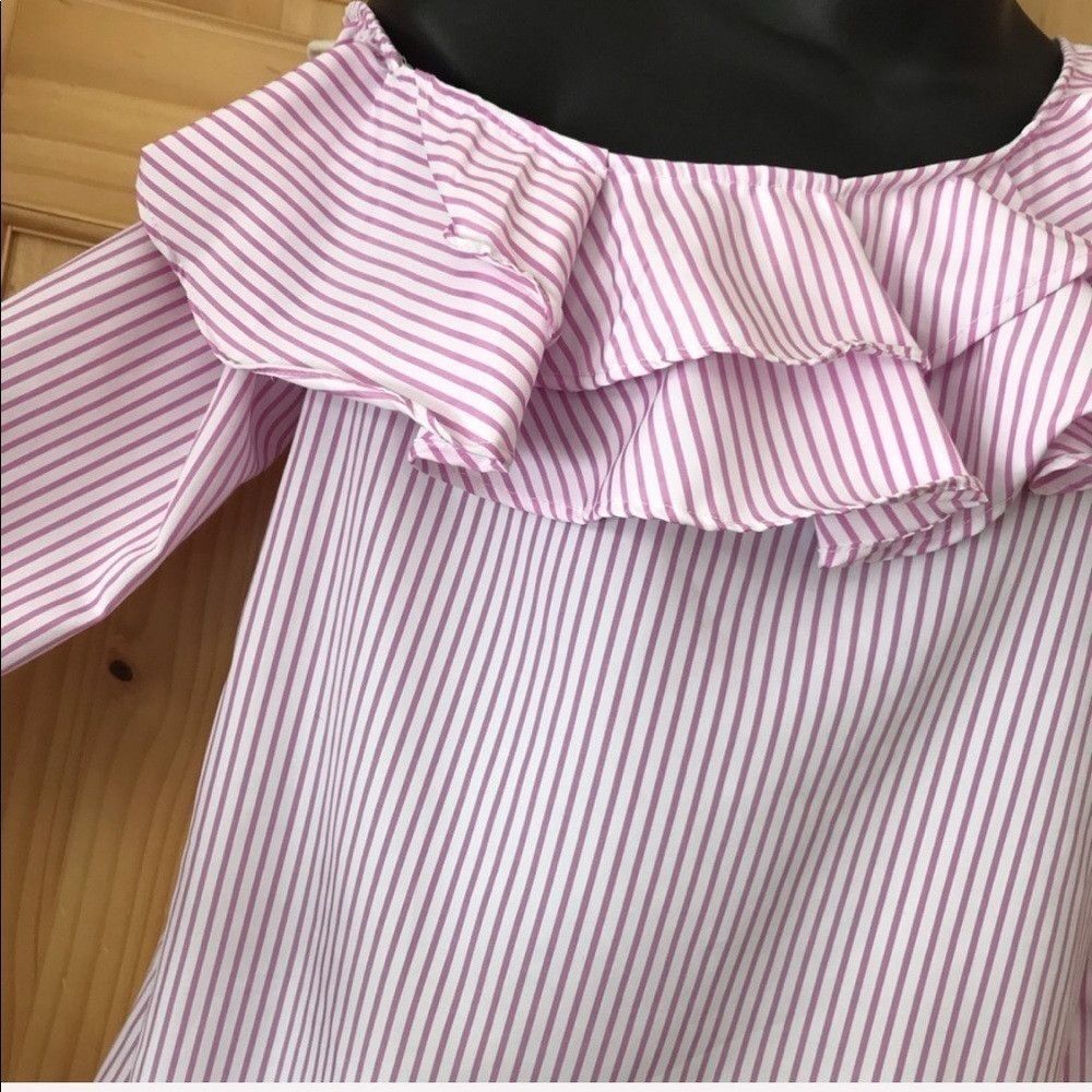 The Unbranded Brand Double Ruffle pink white Striped One Shoulder Blouse large Size L / US 10 / IT 46 - 7 Thumbnail