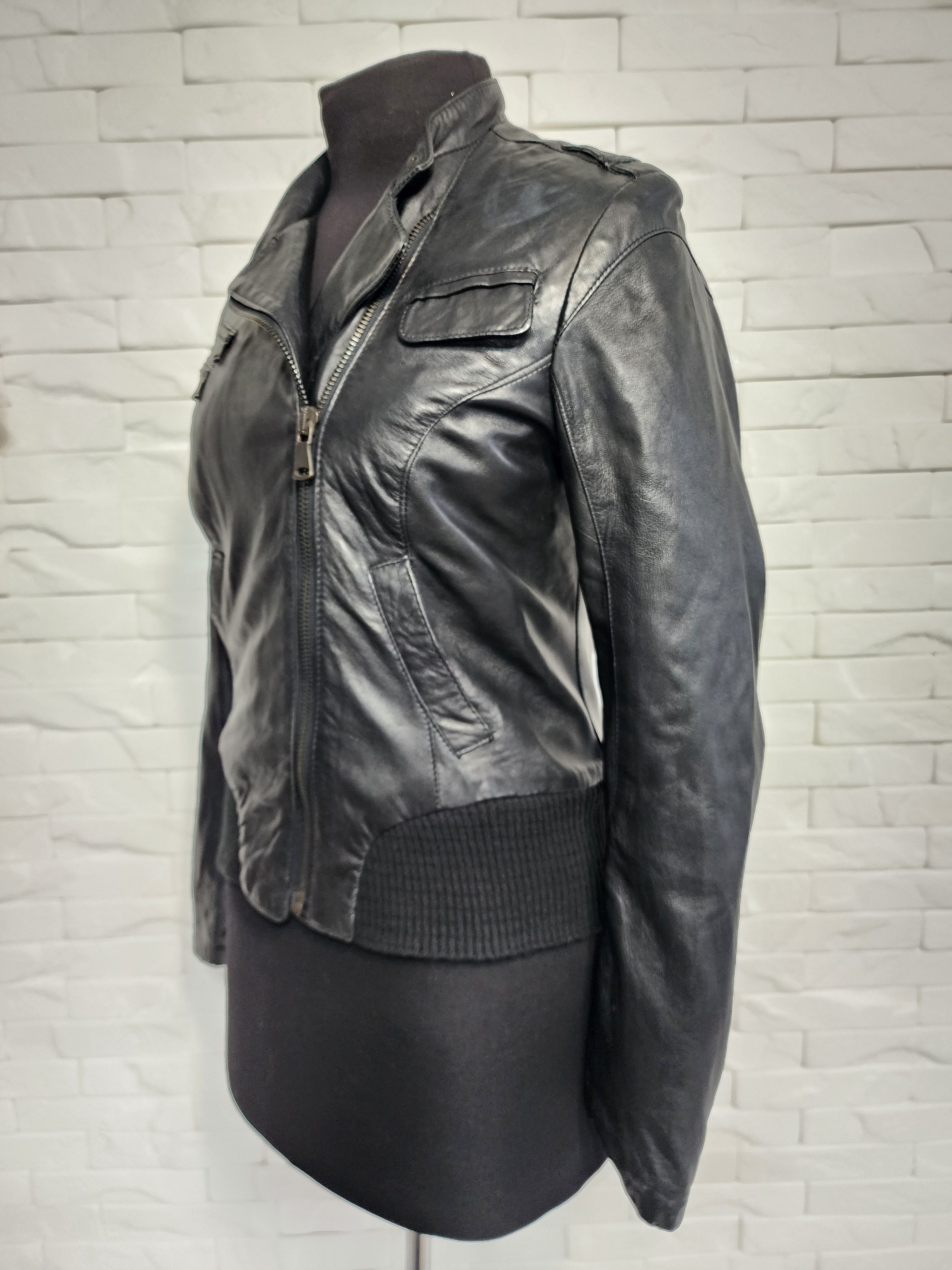 Other Black Leather Women's Jacket: Zippered Stand-Up Collar. Size L / US 10 / IT 46 - 2 Thumbnail