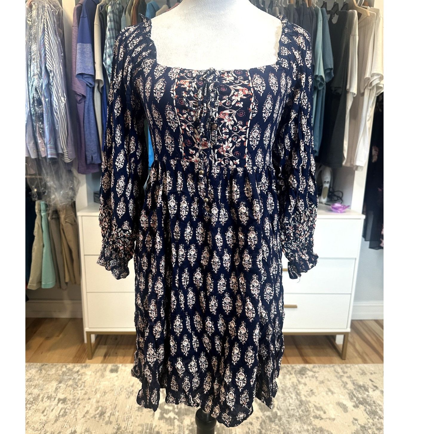 Other Angie Women's Boho Mini Paisley Blue 3/4 Sleeve Neck Dress S Size S / US 4 / IT 40 - 2 Thumbnail