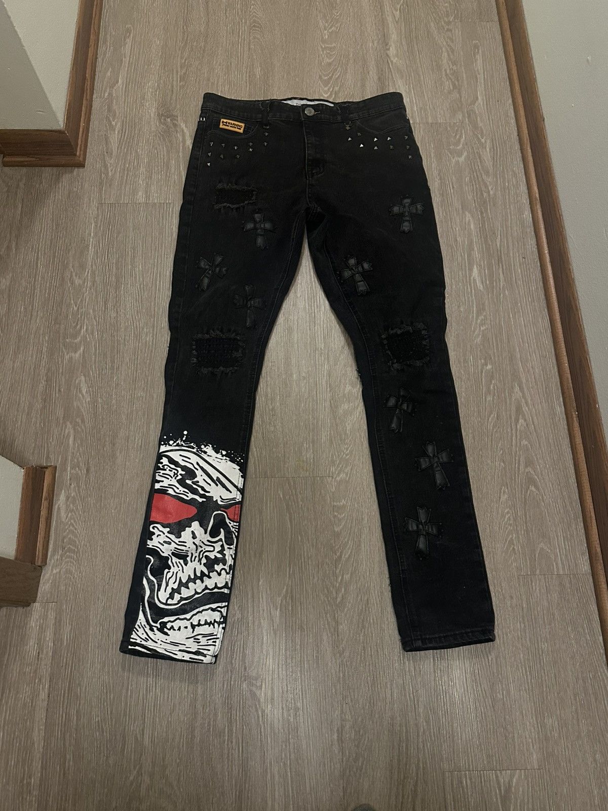 Other Brand X Skull Patch Distressed Cross Jeans Size US 32 / EU 48 - 1 Thumbnail