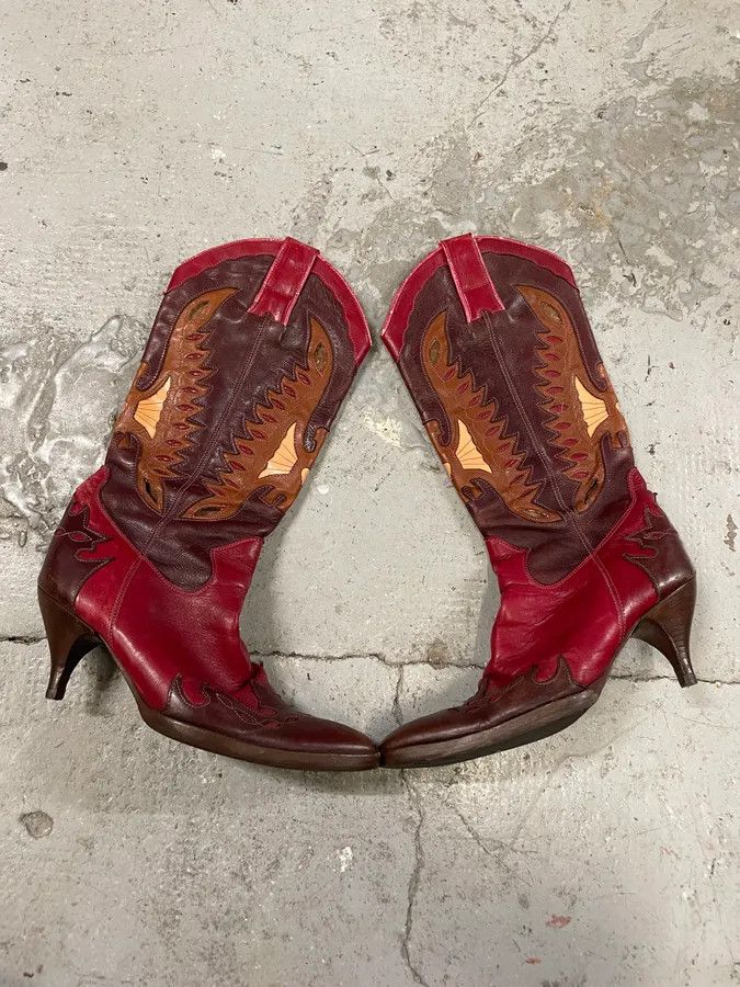 Dolce & Gabbana 2000s Dolce & Gabbana Red Texas Cow-boy Heels Size US 5 / IT 35 - 2 Thumbnail