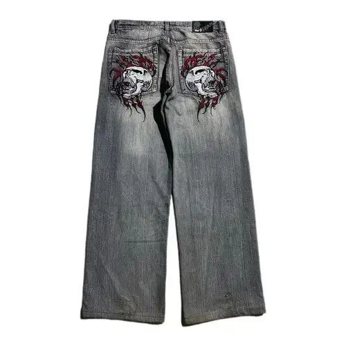 Japanese Brand Harajuku Skull Embroidery Retro Baggy Jeans Size US 31 - 4 Thumbnail