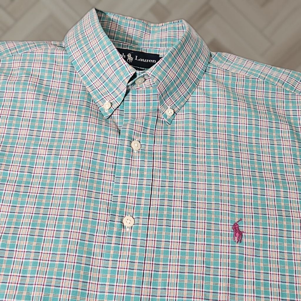Polo Ralph Lauren VINTAGE Polo Ralph Lauren Green Striped Button-Up Dress Shirt L Men's Large Cotton Oxford Classic Stretch Size 42R - 1 Thumbnail