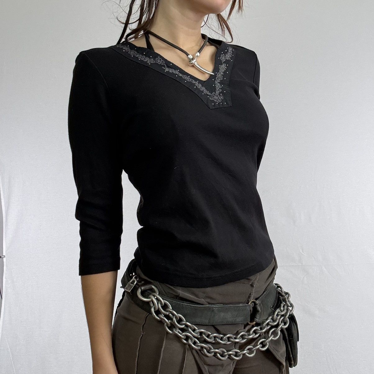 Other Black embellished V-neck top subtle gothic minimalist piece Size S / US 4 / IT 40 - 5 Thumbnail