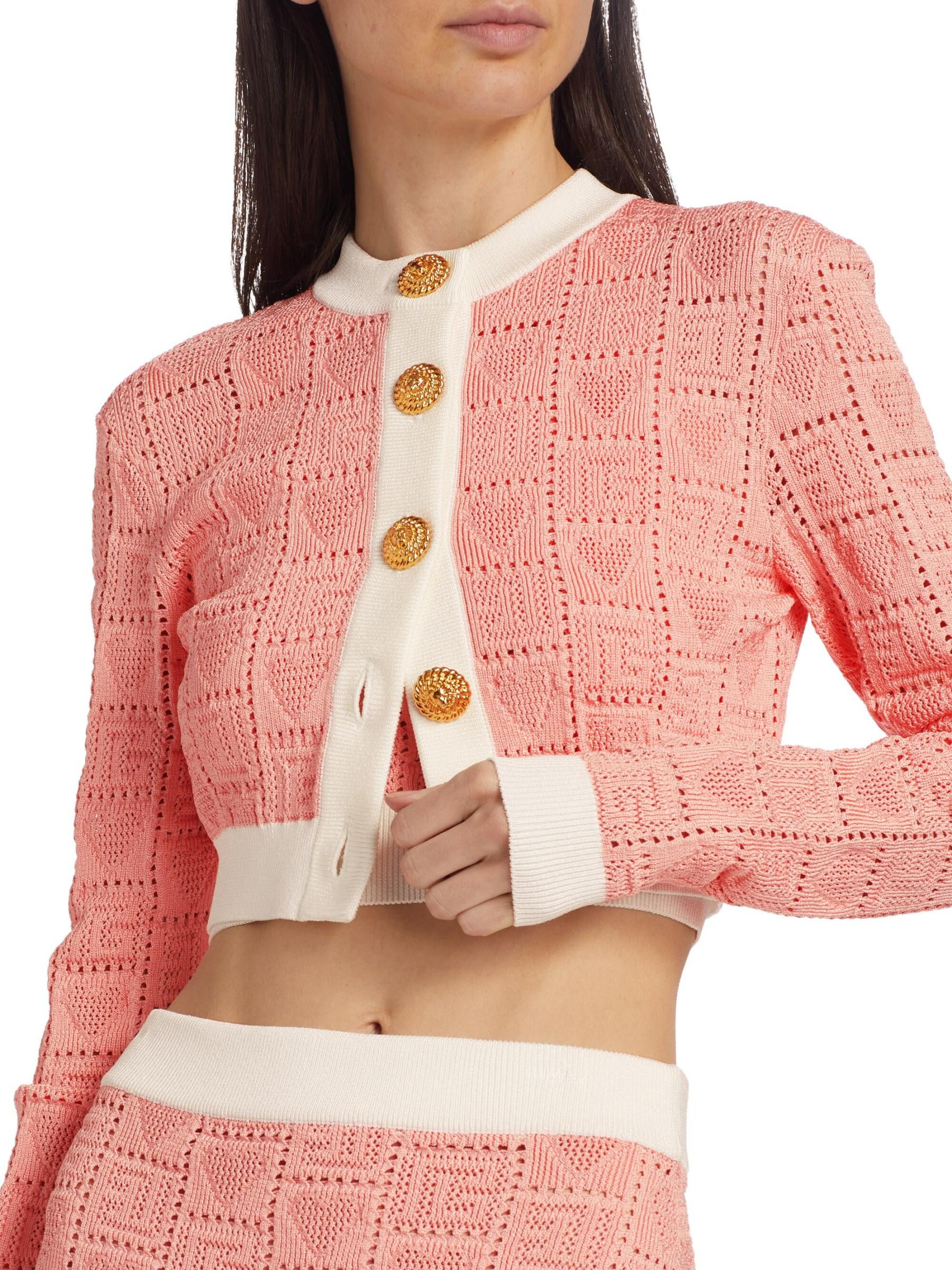 Balmain o1s1wg110725 Heart Point Knit Crop Cardigan in Light Pink Size S / US 4 / IT 40 - 4 Thumbnail