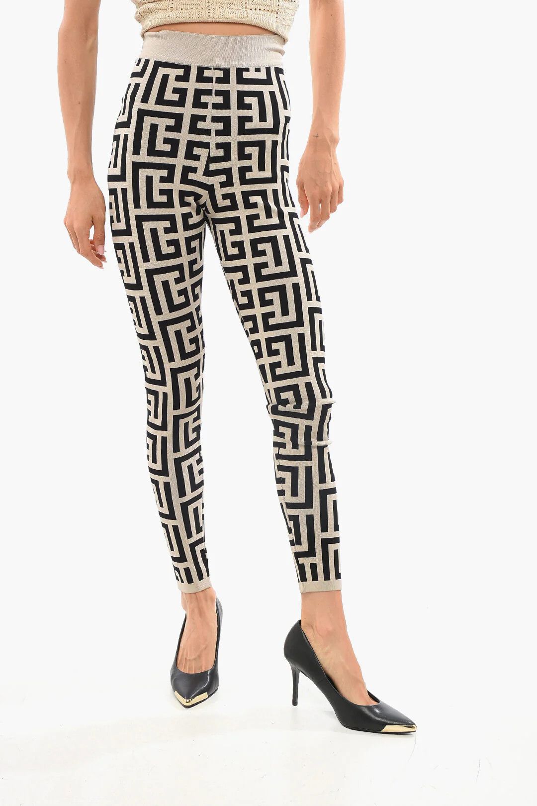 Balmain og1mm0326 High-Waist Knit Leggings in Beige/Black Size 26" / US 2 / IT 38 - 1 Thumbnail