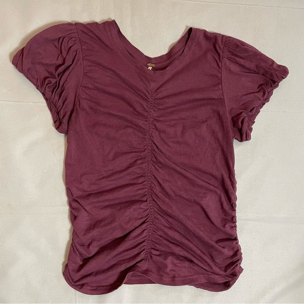 Free People New Free People Purple Ruched Seams Puff Sleeve Cotton Tee Size M / US 6-8 / IT 42-44 - 7 Thumbnail