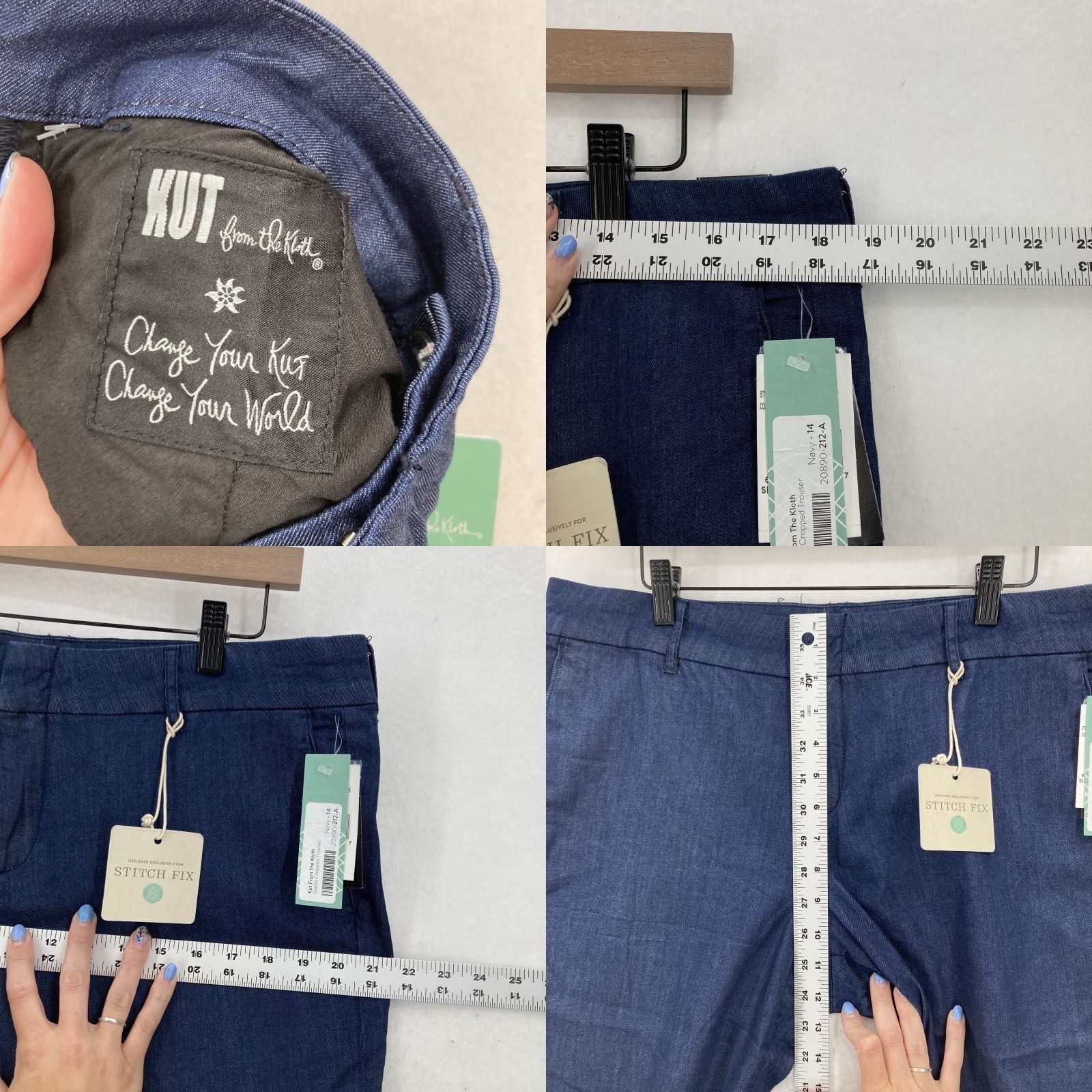 Vintage KUT from the Kloth Pants Womens 14 Taylor Crop Trouser Stretch Preppy Navy Blue Cropped Workwear Pockets Tie Back Logo Button Size 36" / US 14 / IT 50 - 8 Thumbnail