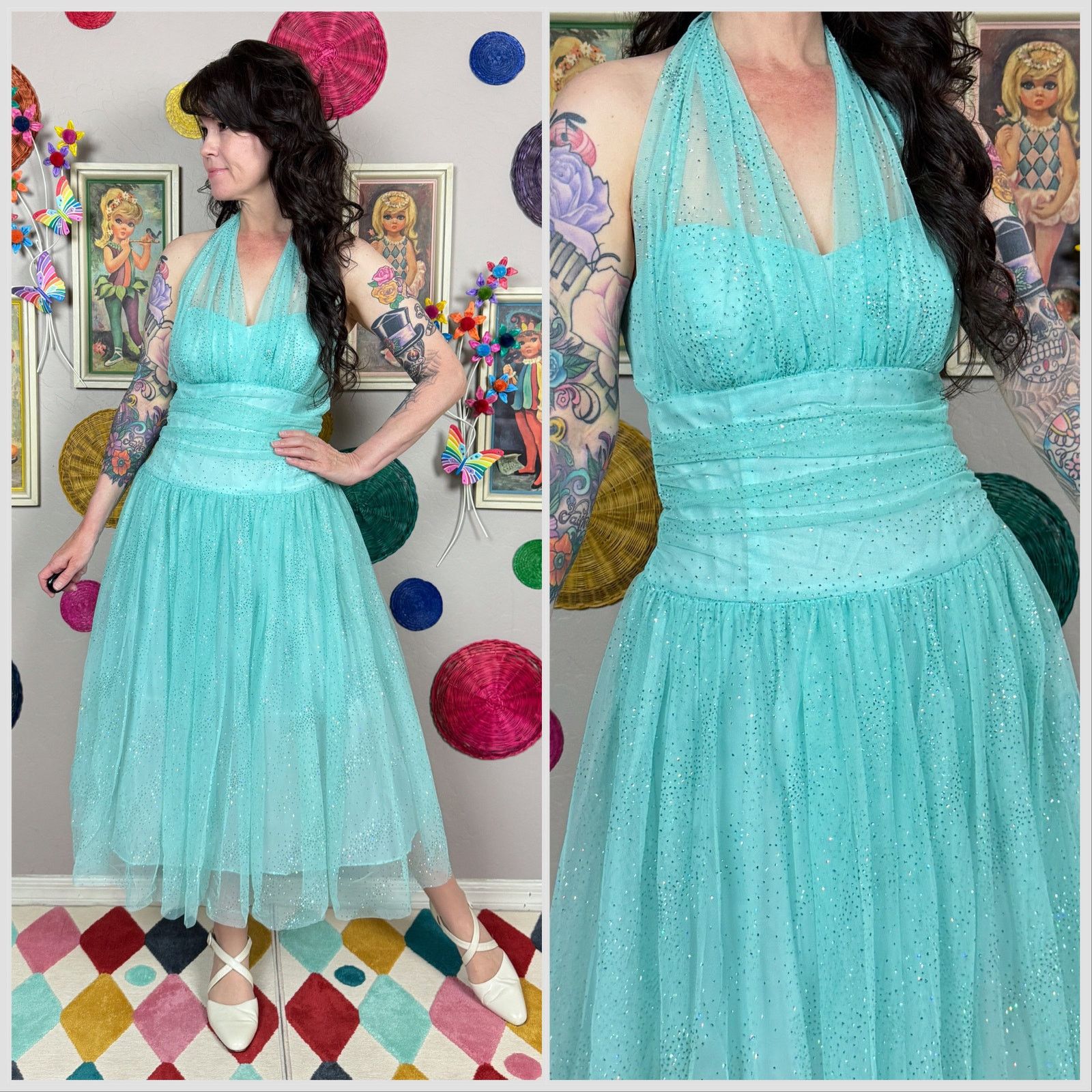 Vintage Vintage 1990s Aqua Tulle Halter Fit and Flare Prom Dress Size M / US 6-8 / IT 42-44 - 1 Thumbnail