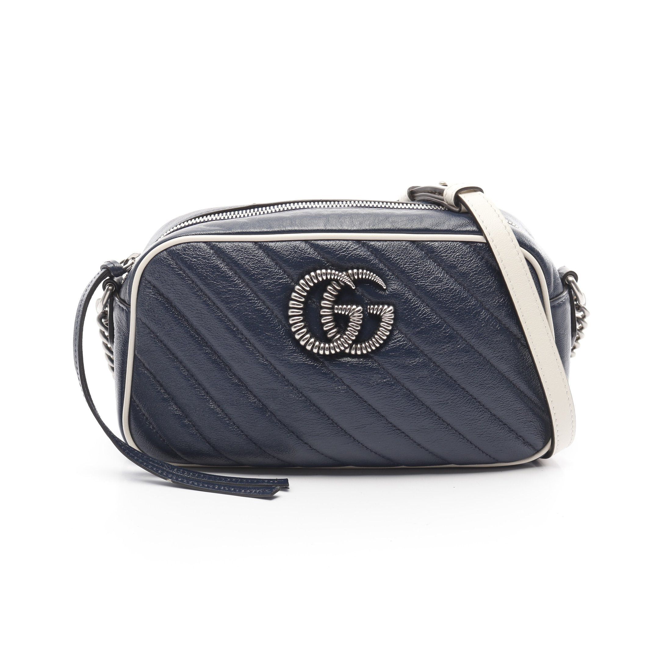 Gucci Gg Marmont Chain Shoulder Bag Leather Navy White