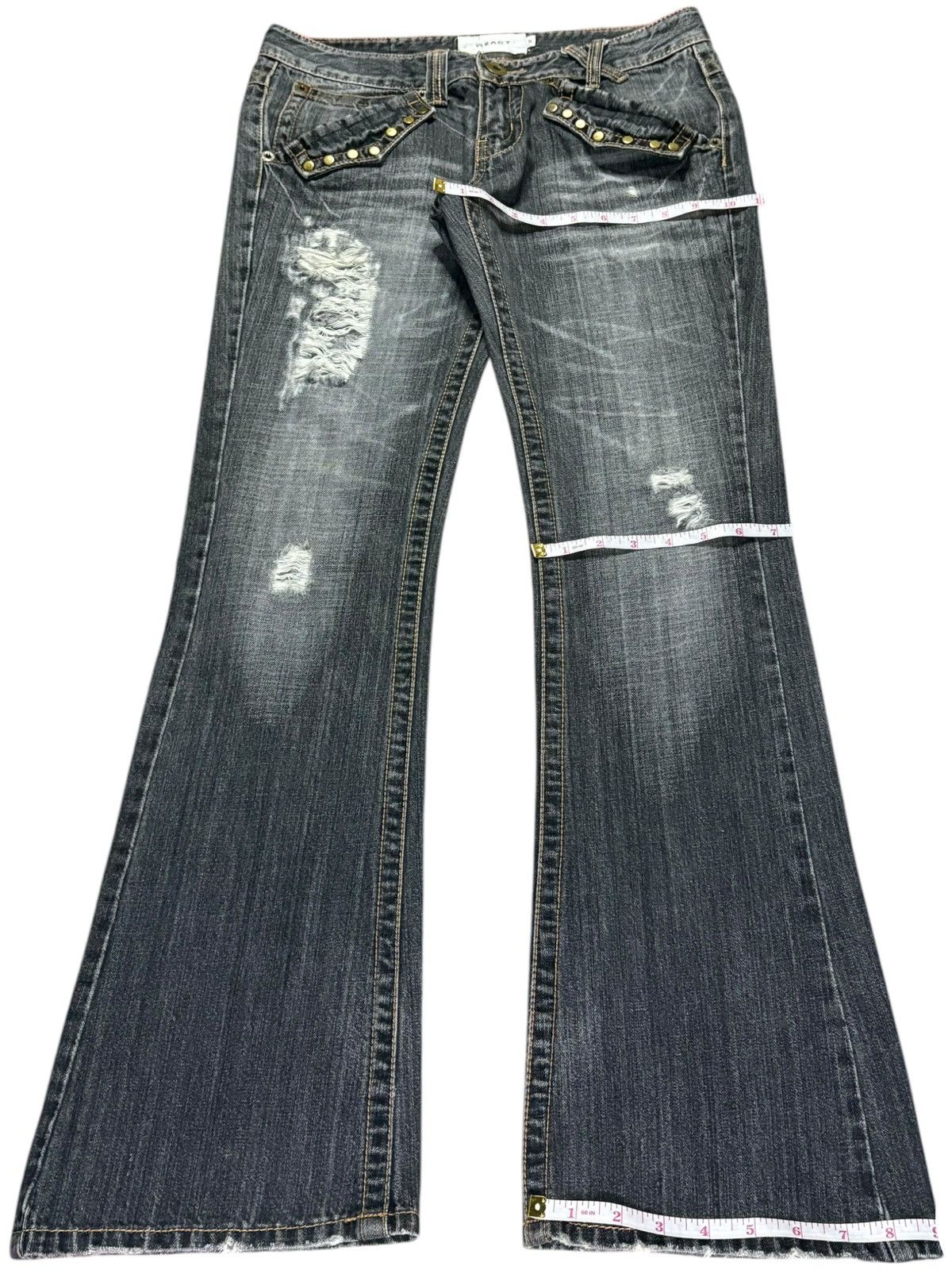 Japanese Brand × Seditionaries Vintage Japanese Brand Faded Wash Studded Ripped Flare Jeans Size 31" - 14 Thumbnail