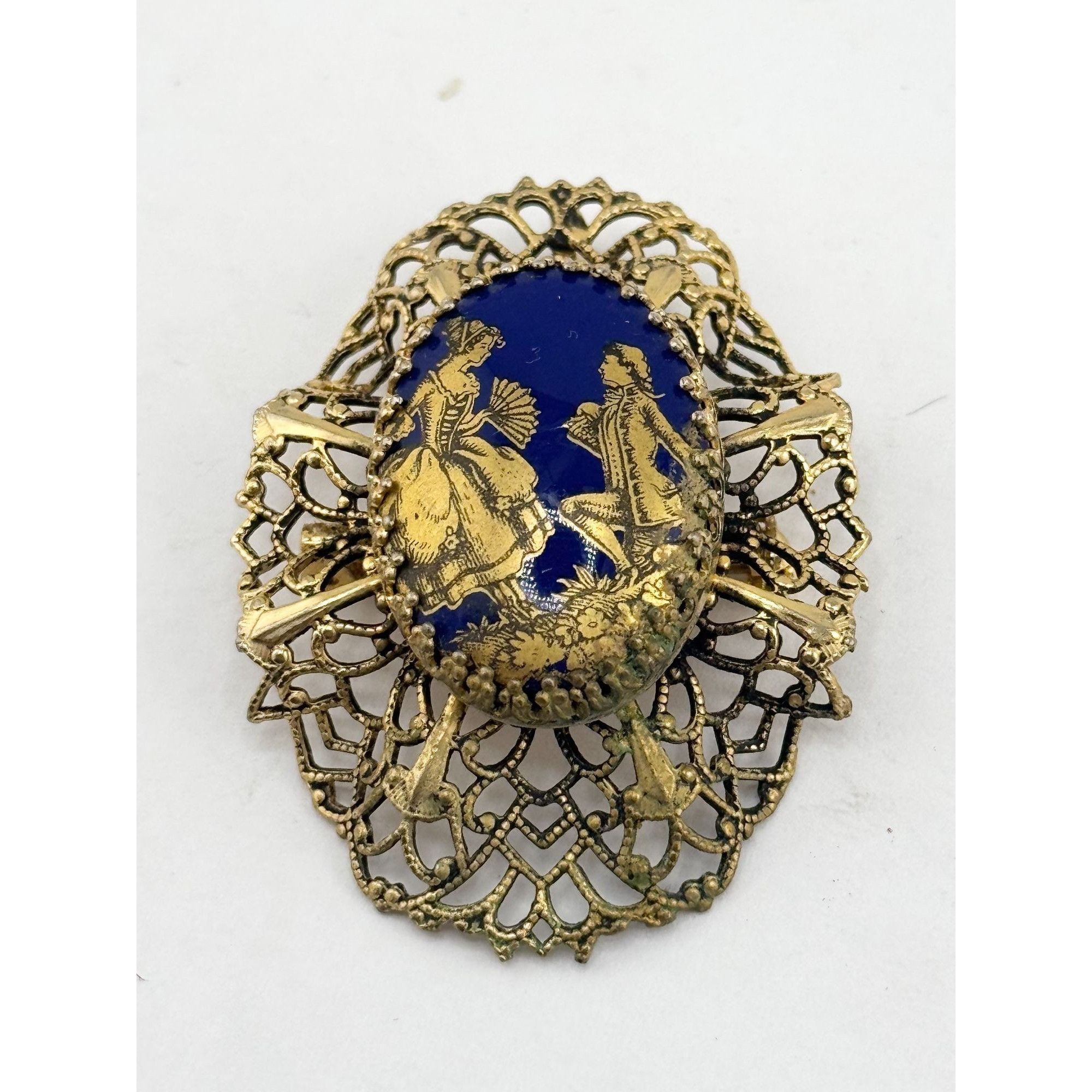 Vintage Vintage filigree blue courting couple brooch pin Size ONE SIZE - 2 Thumbnail