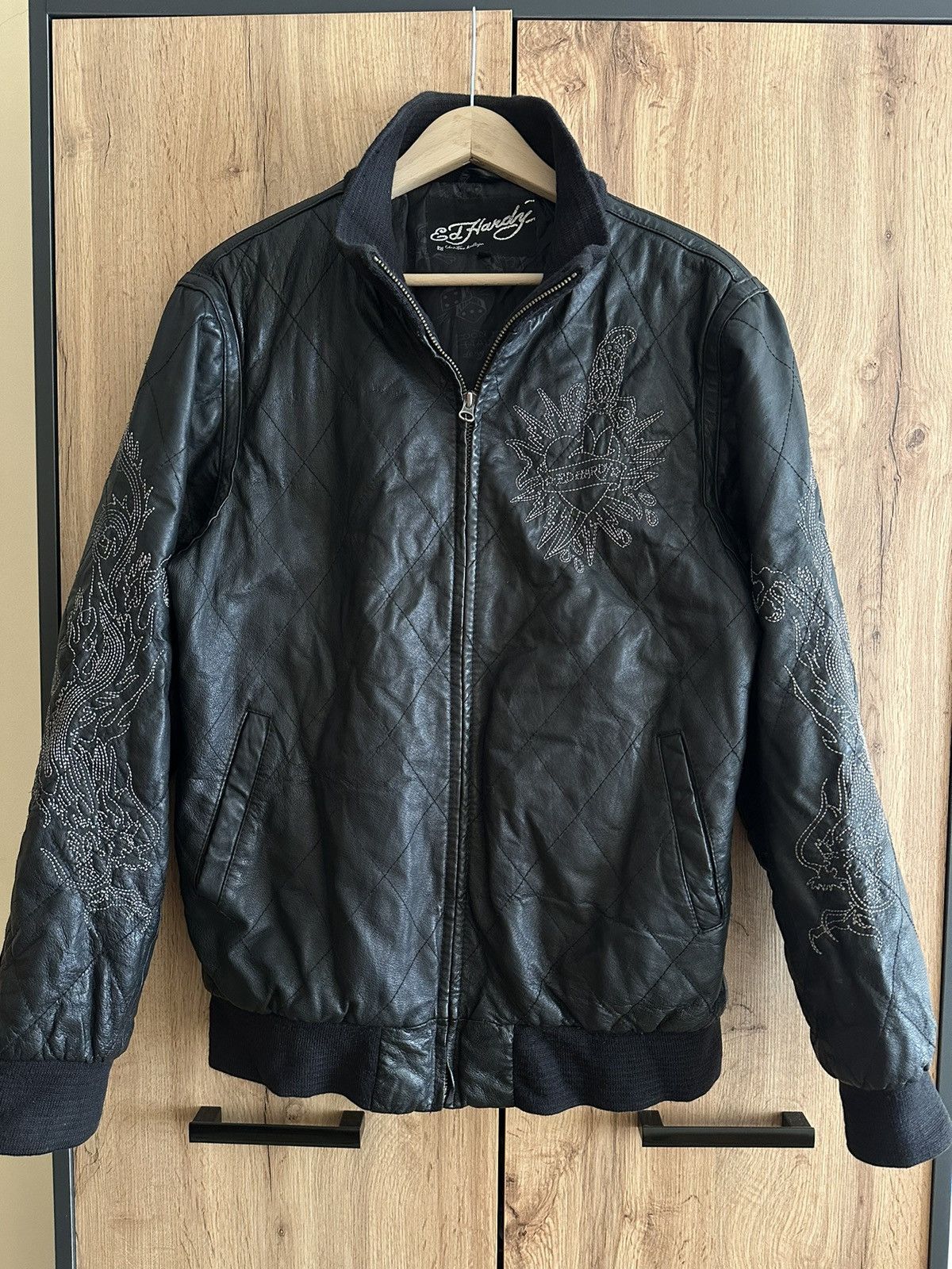 Ed Hardy Vintage Black Leather Jacket Big Logo Archive