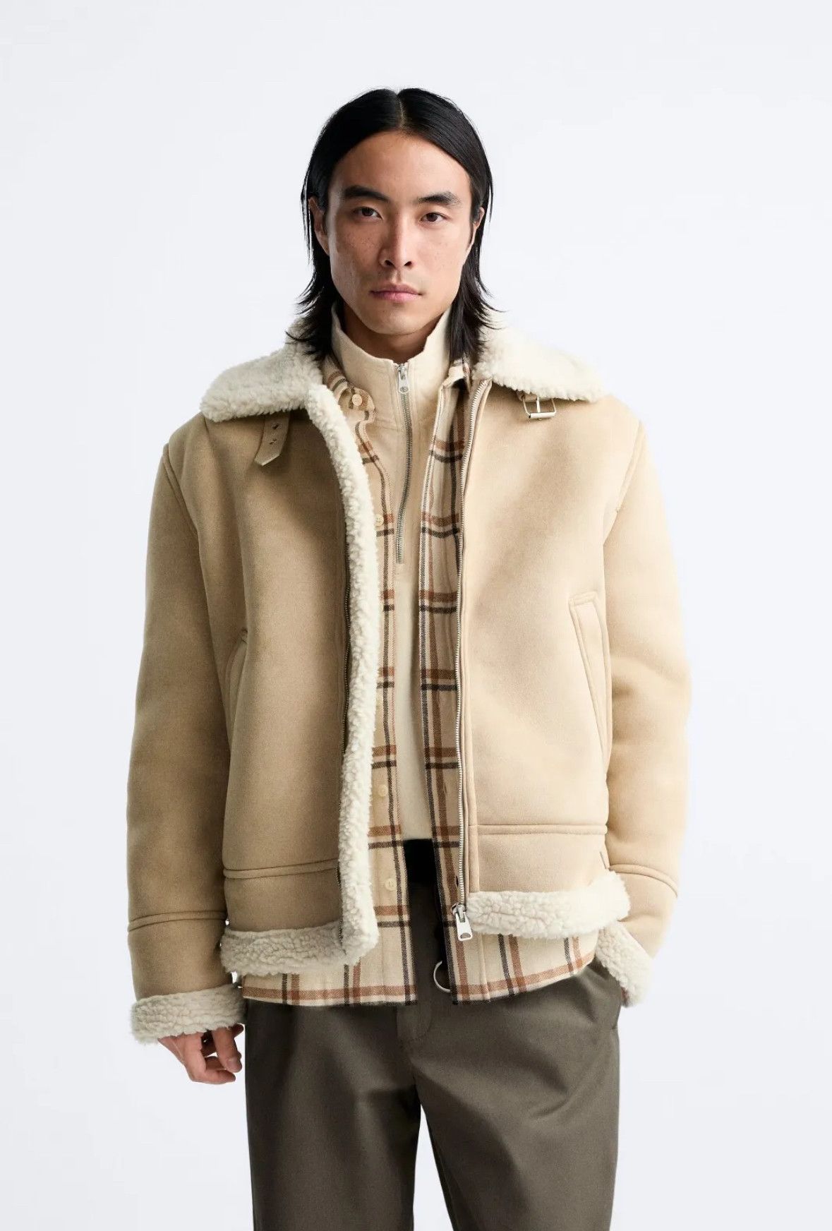 image of Zara Faux Shearling Faux Suede Jacket Beige Coat in Beige Fur, Men's (Size Large)