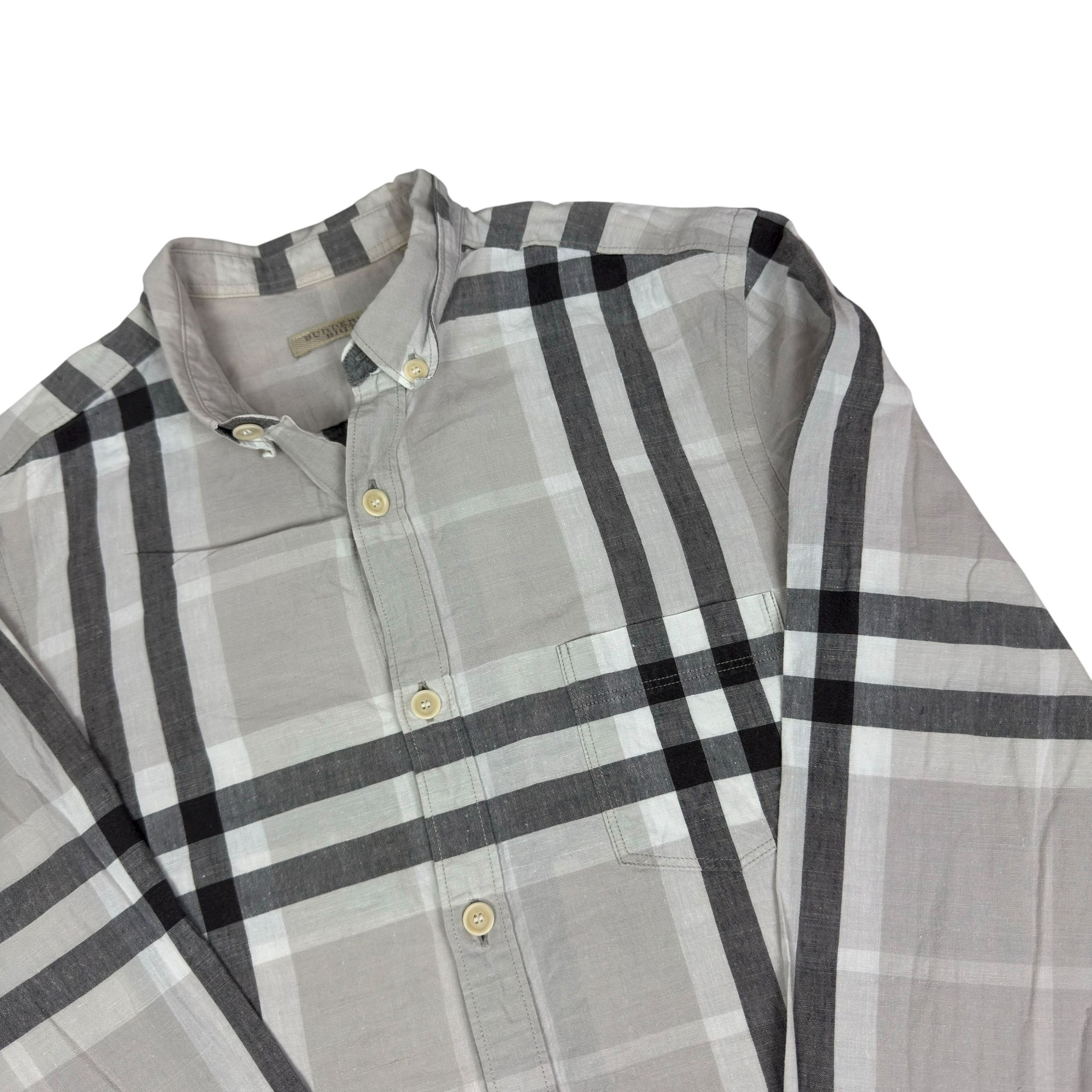 Burberry Burberry Men's Gray Linen Nova Plaid Button-Down Shirt XS Size US XS / EU 42 / 0 - 4 Thumbnail