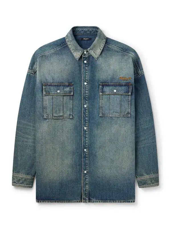 Balmain o1loc1c0526 Logo-embroidered Denim Shirt in Blue Size US S / EU 44-46 / 1 - 1 Thumbnail