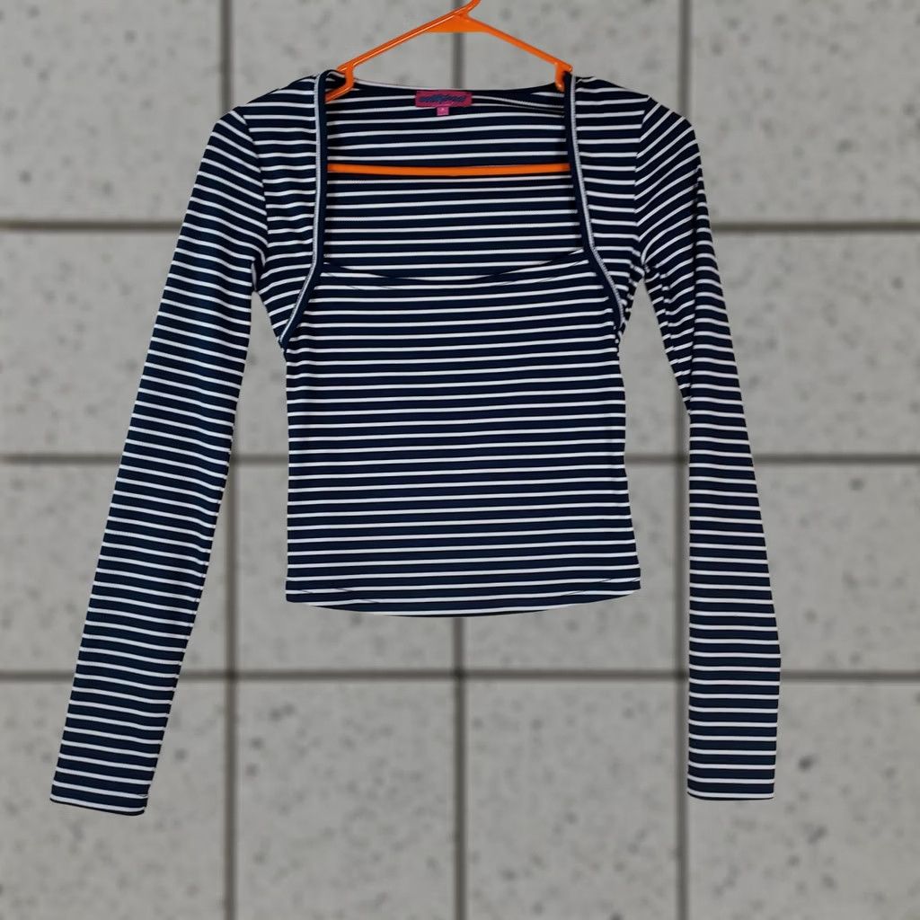 Vintage Edikted Cropped Long Sleeve Top Womens Small Navy White Striped Layered Size S / US 4 / IT 40 - 1 Thumbnail