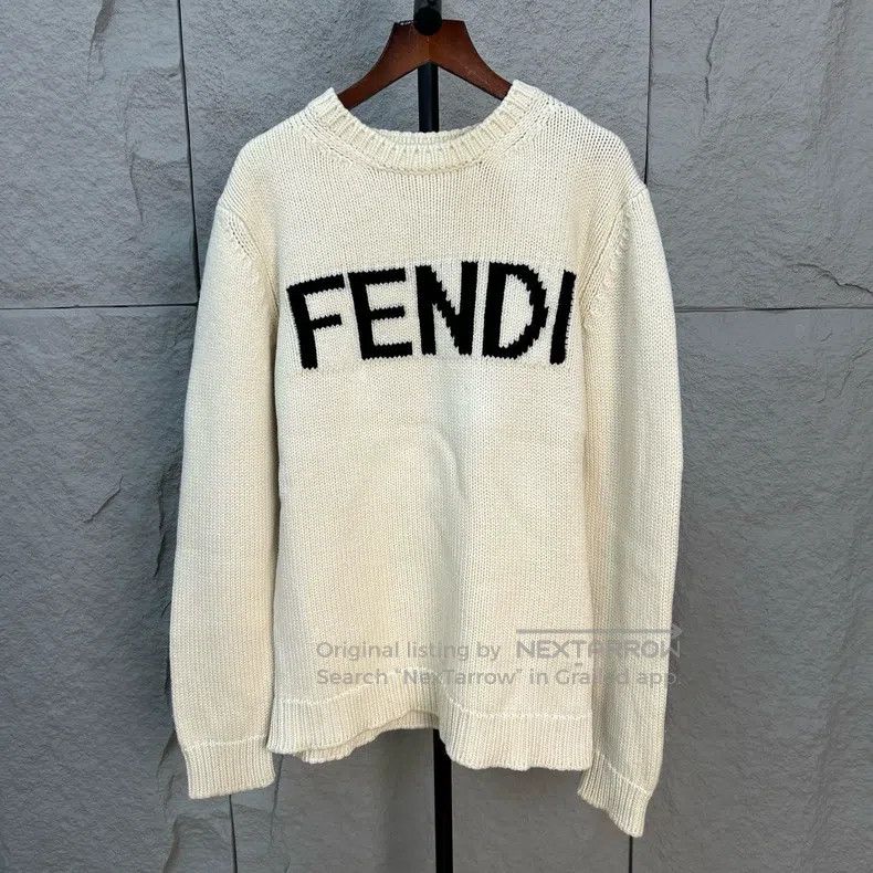 Fendi Fendi Beige Lettering Printed Wool Crew Neck Long Sleeve S Size US M / EU 48-50 / 2 - 1 Thumbnail