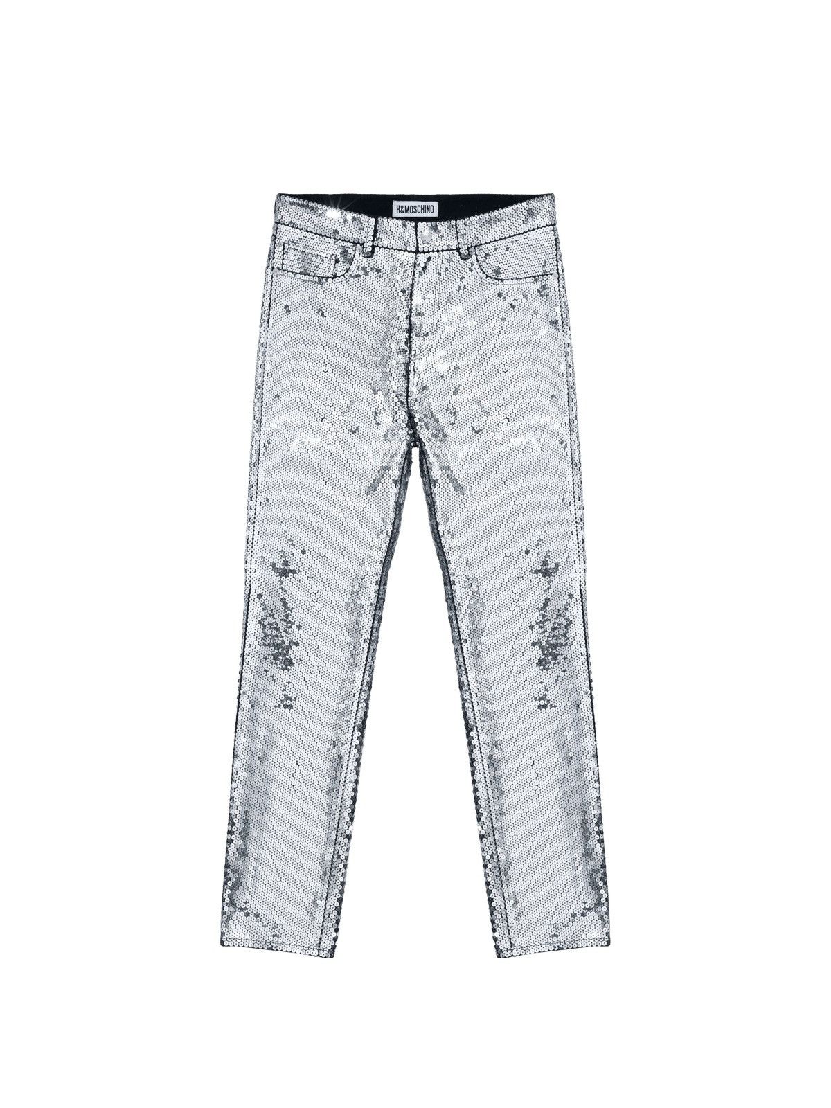 Moschino H&M Jeremy Scott sequined denim silver pants