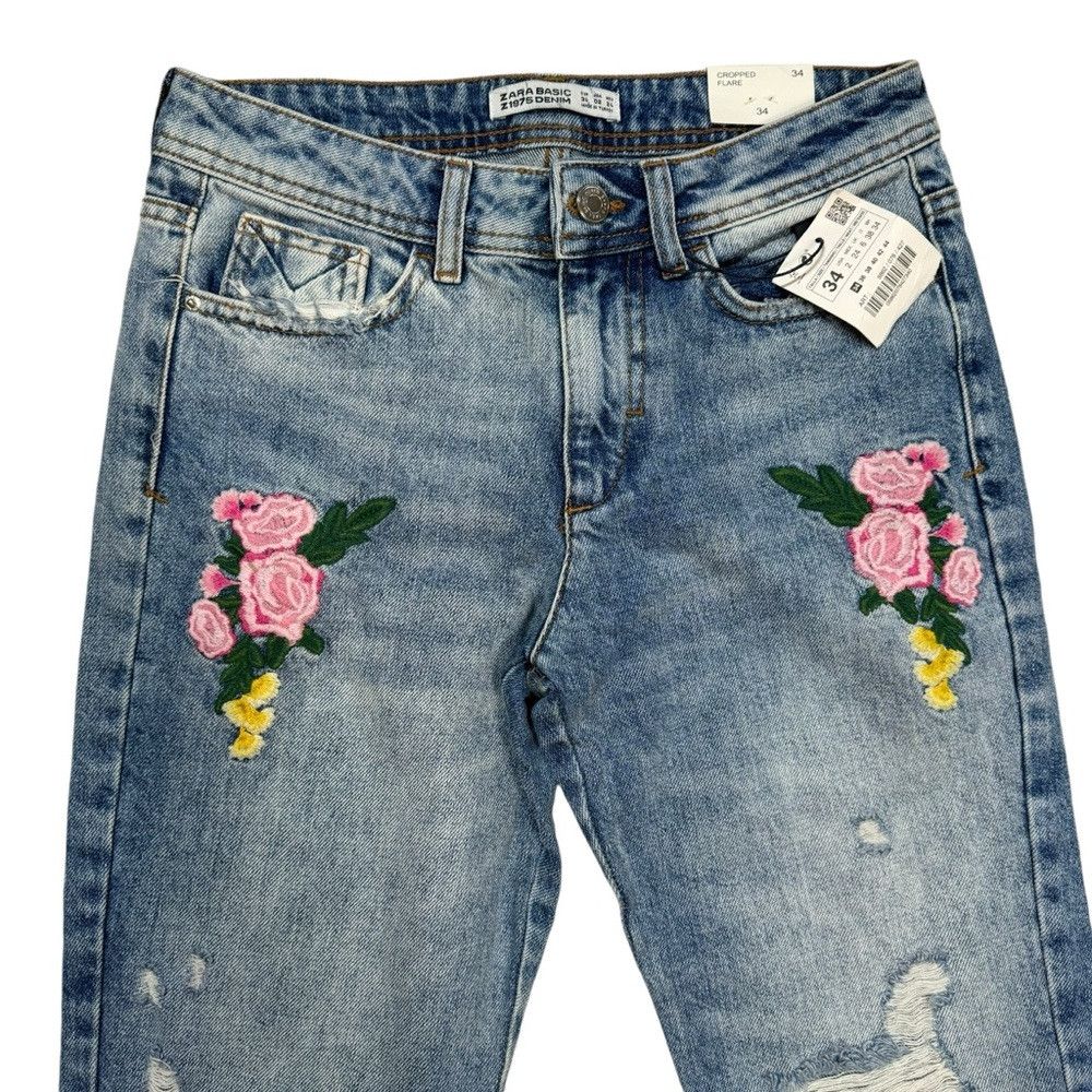 Zara NWT New Zara Floral Embroidered Distressed Ankle Jeans Size Size 26" / US 2 / IT 38 - 3 Thumbnail