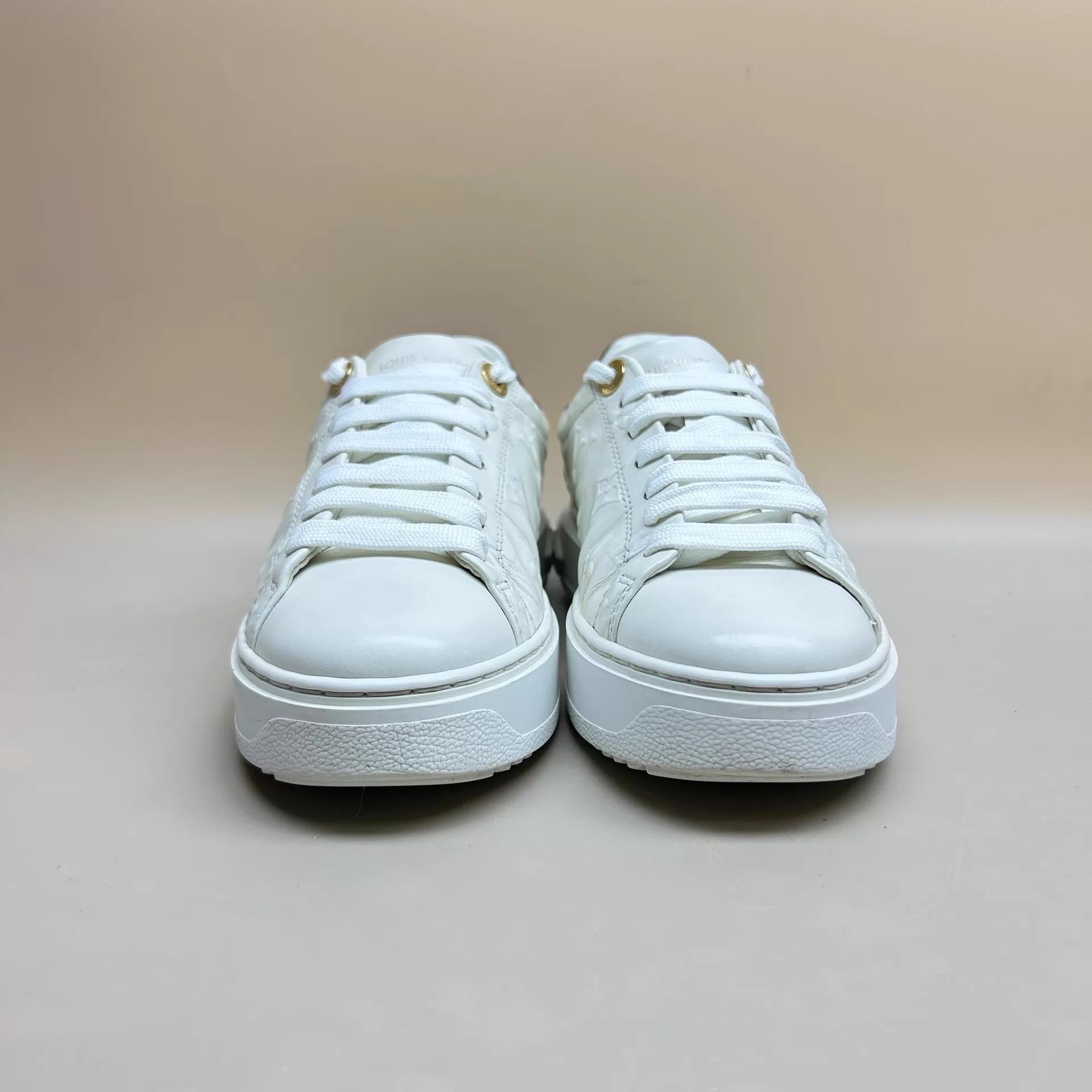 Louis Vuitton LV White Brown Monogram Embossed Platform Shoes Wmns 35 Size US 4.5 / IT 34.5 - 3 Thumbnail
