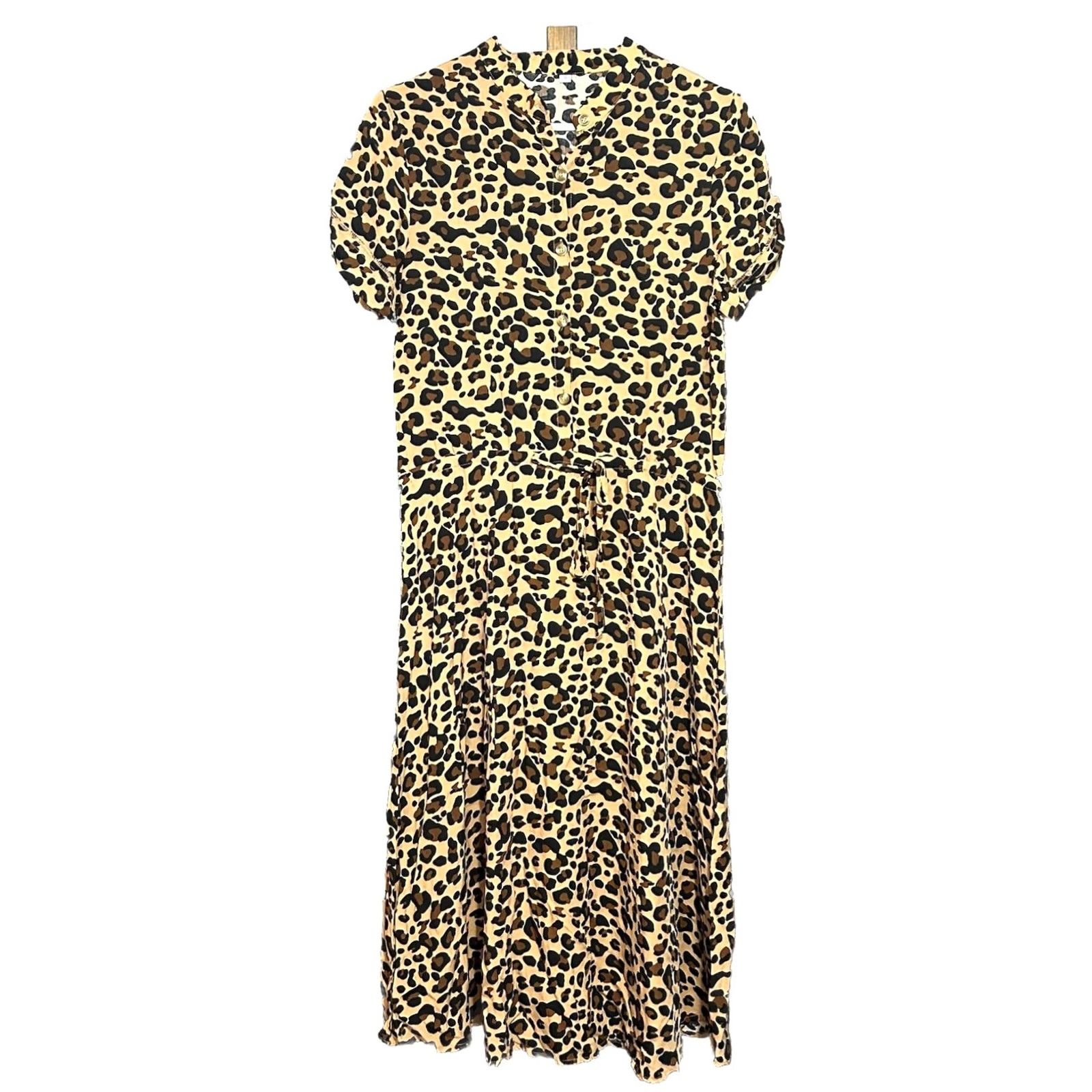 Shein SHEIN Leopard Print Dress Women Small V Neck Tie Waist Button Front Short Sleeve Maxi Summer Casual Womens Size 28" / US 6 / IT 42 - 2 Thumbnail