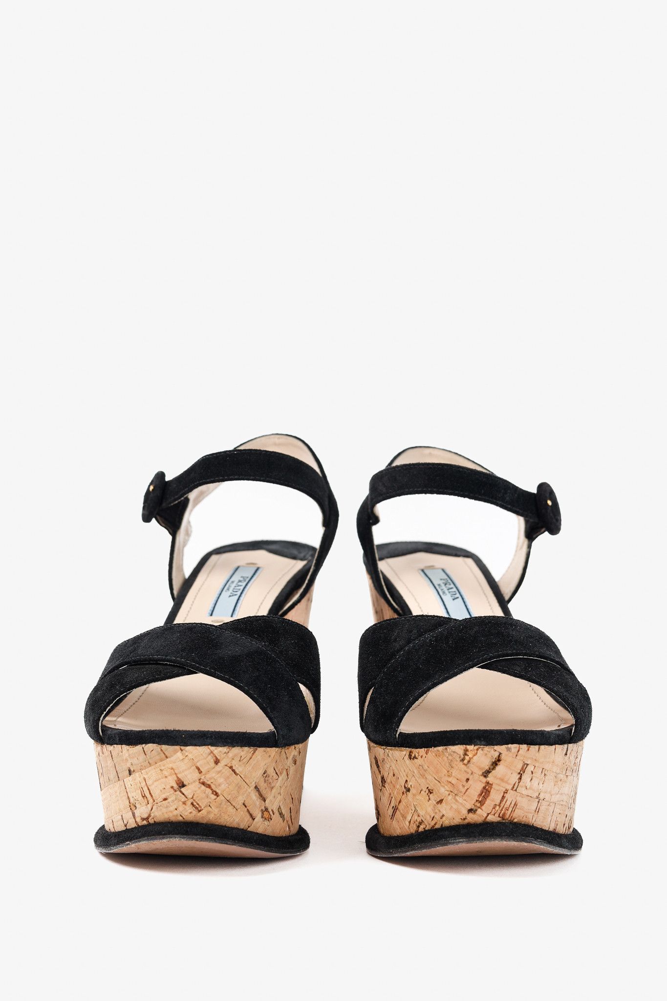 Prada Prada Nero Scamosciato Suede Cork Wedge Sandals Size US 6.5 / IT 36.5 - 2 Thumbnail