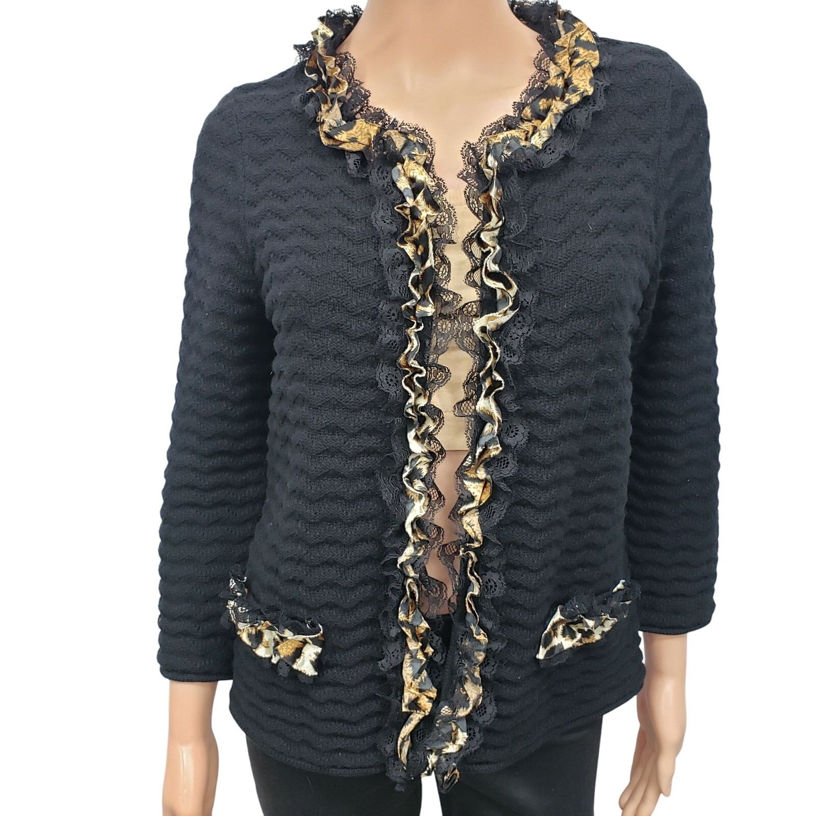 Chicos Chicos Cardigan Sweater Animal Print Lace Ruffle Trim 0 S Size S / US 4 / IT 40 - 3 Thumbnail