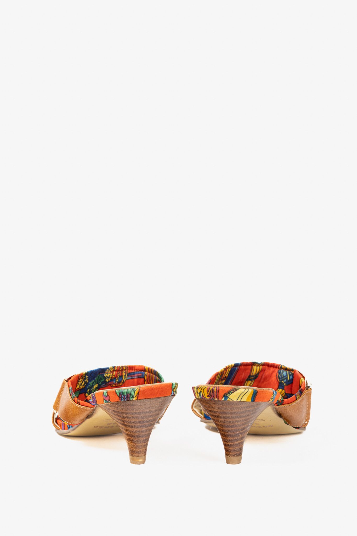 Hermes Hermes Brown Leather & Orange Printed-Silk Mule Sandals Size US 7.5 / IT 37.5 - 4 Thumbnail