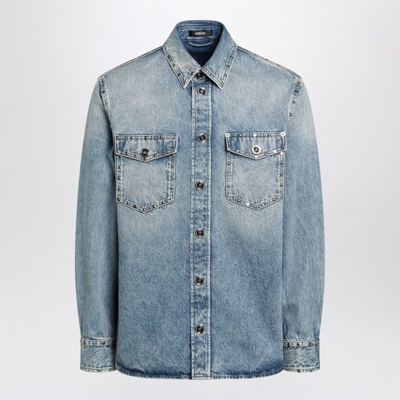 Versace Versace Light Blue Stone-Washed Denim Shirt With Studs Size US M / EU 48-50 / 2 - 1 Thumbnail