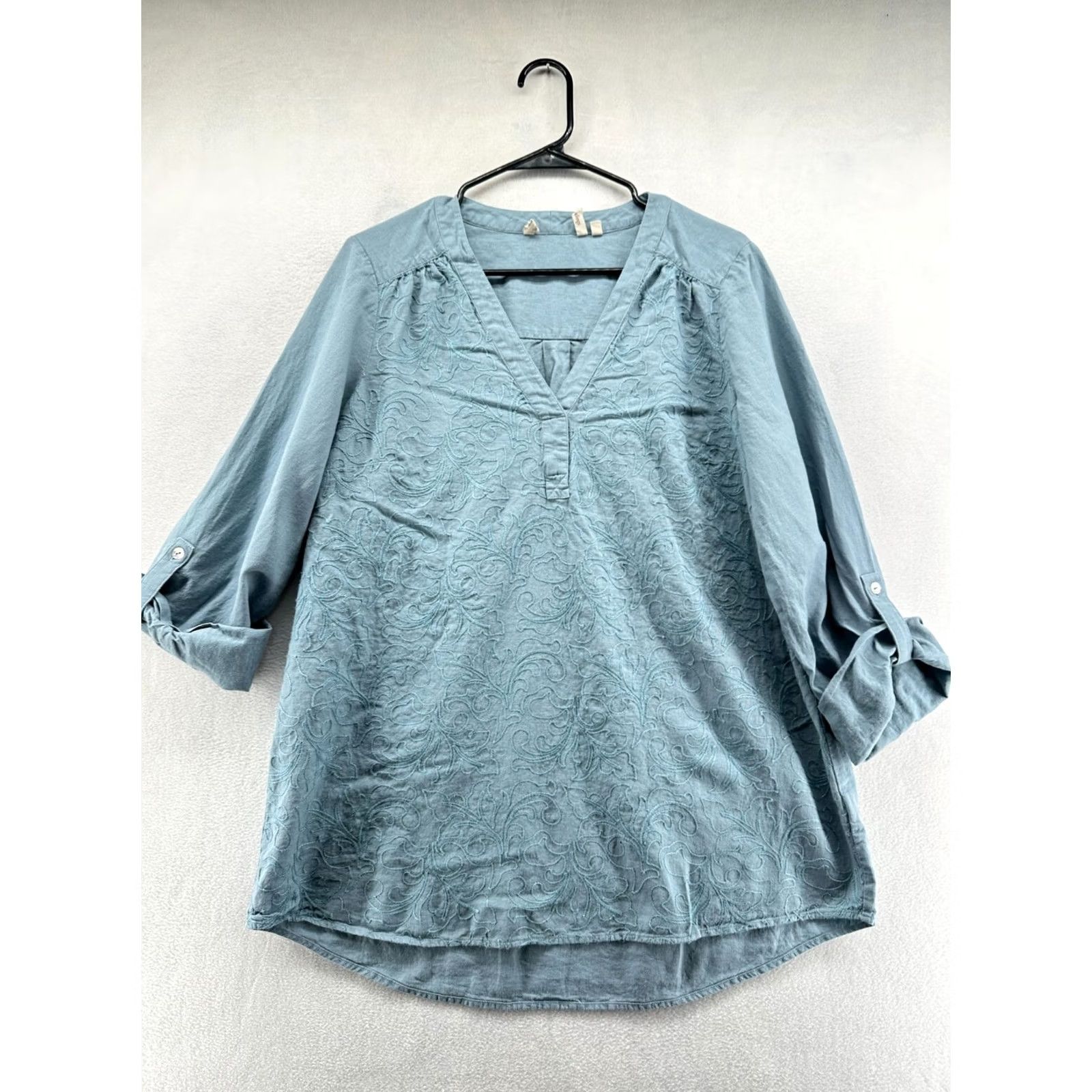 Soft Surroundings Soft Surroundings Tunic Blouse Blue Women's Large Lillith Embroidered Linen, 3/4 Sleeve, V-Neck, Pullover, Lightweight Casual Designer Top Size L / US 10 / IT 46 - 3 Thumbnail