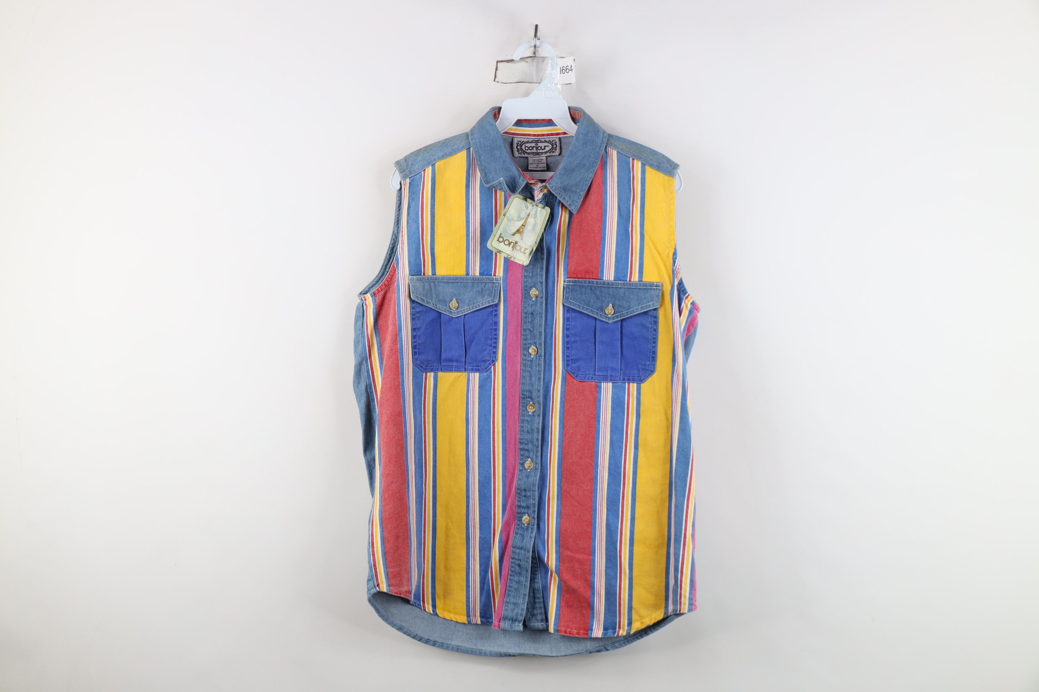 Vintage Deadstock Vintage 90s Striped Sleeveless Denim Button Shirt Size M / US 6-8 / IT 42-44 - 1 Thumbnail