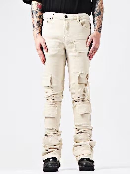 image of Beige Cargo Flared Denim Jeans, Stack Jeans, Men's (Size 30)