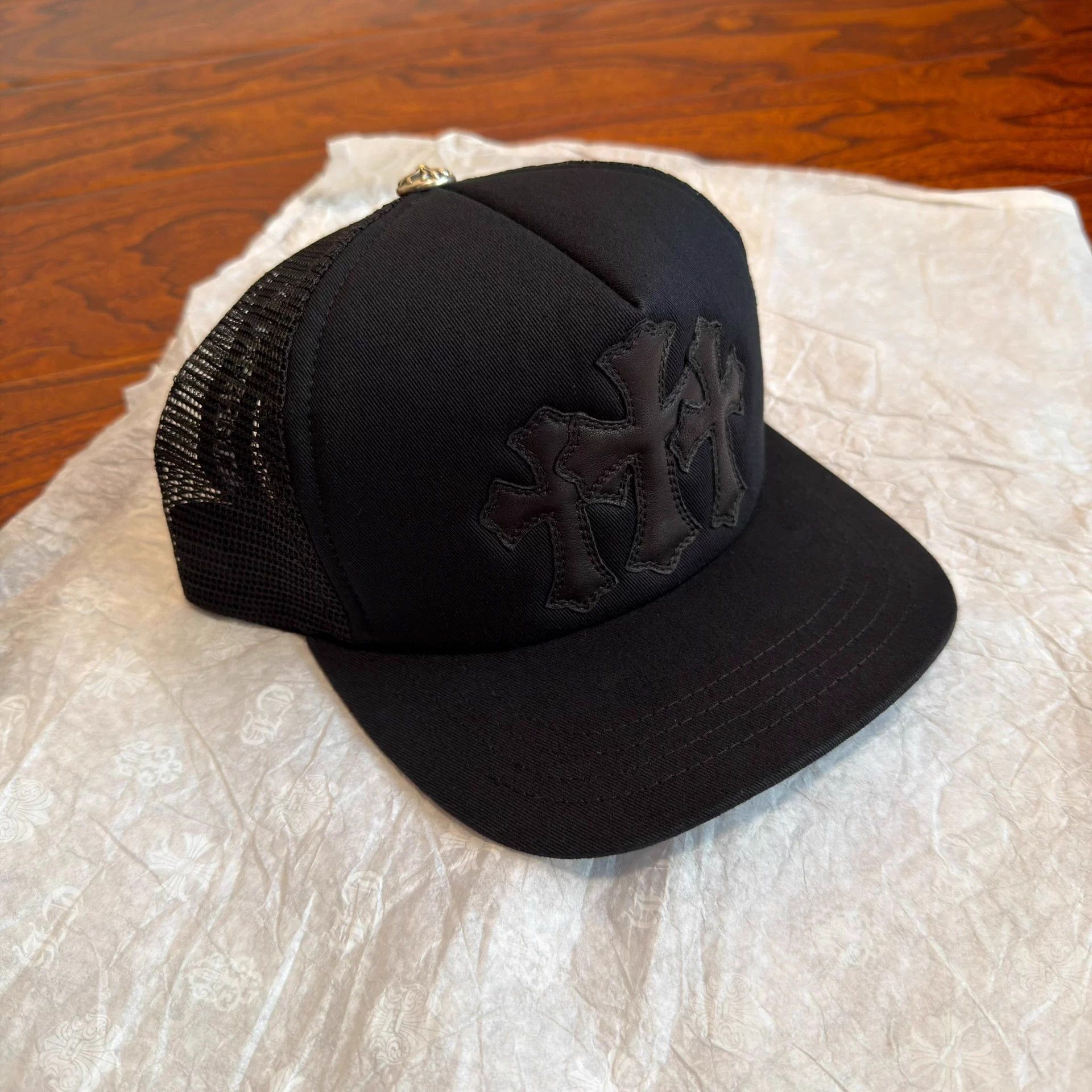 Chrome Hearts Chrome Hearts Black Cross Leather Silver Buckle Trucker Hat Size ONE SIZE - 1 Thumbnail