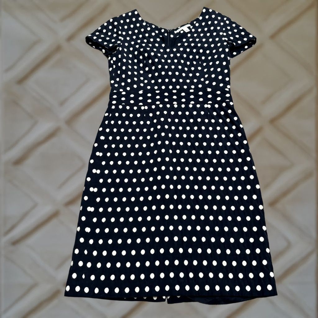 Banana Republic Banana Republic Sheath Dress Womens 4 Blue Navy White Polka Dot Textured V-Neck Size S / US 4 / IT 40 - 1 Thumbnail