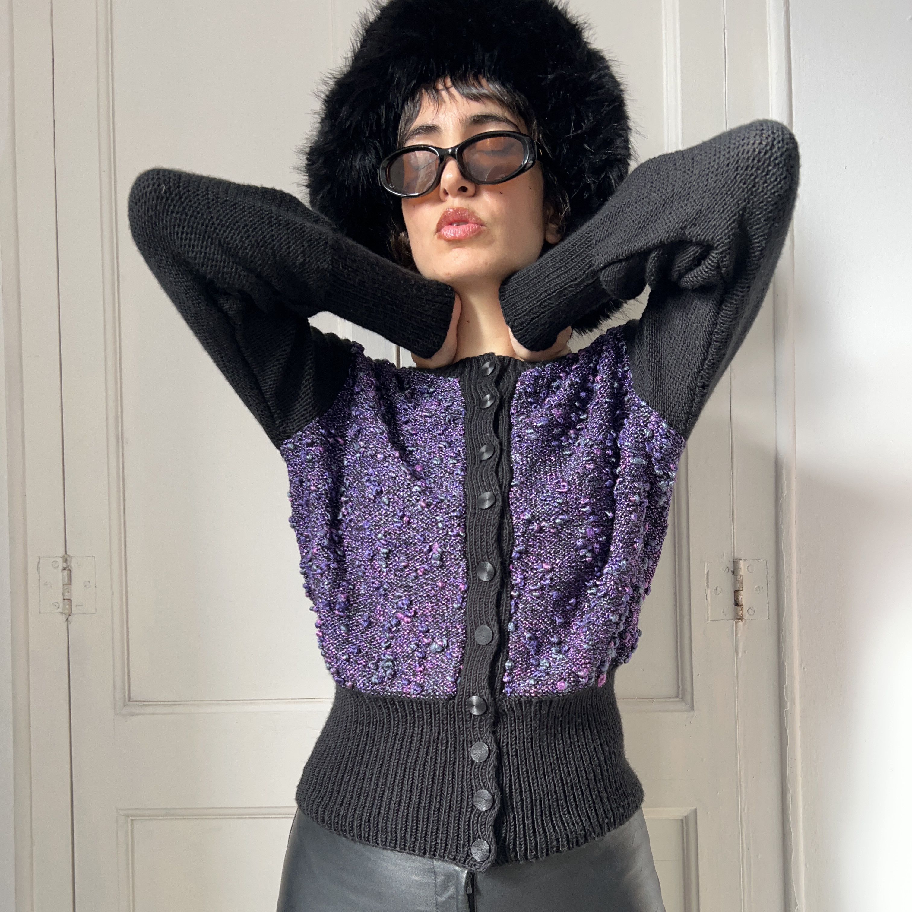 Vintage Vintage 90s Purple Bouclé Cardigan | Retro Tweed Knit Jacket Size M / US 6-8 / IT 42-44 - 3 Thumbnail