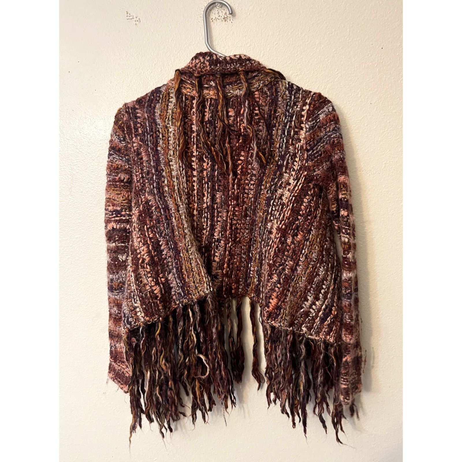 Free People FREE PEOPLE Cardigan Sweater Knit Open Fringe Crochet Wool Blend Purple S Small Boho Marled Fringed Open Cardi Size S / US 4 / IT 40 - 3 Thumbnail