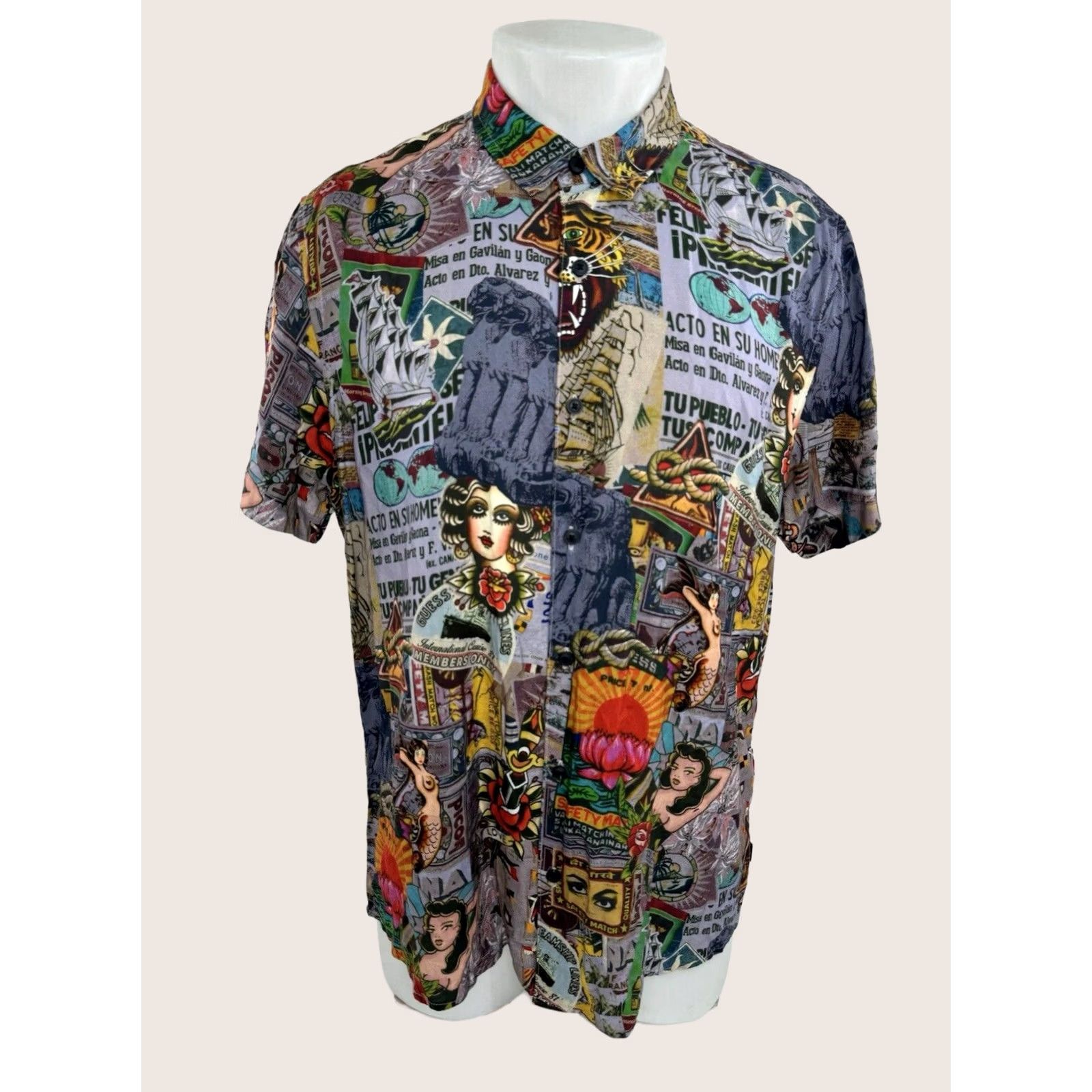 Guess GUESS Hawaiian Shirt Men's Short Sleeve Button-Up Mermaid Tattoo Nautical Travel L Multicolor Ship 90s Theme Girls Mens Boys Size US L / EU 52-54 / 3 - 1 Thumbnail